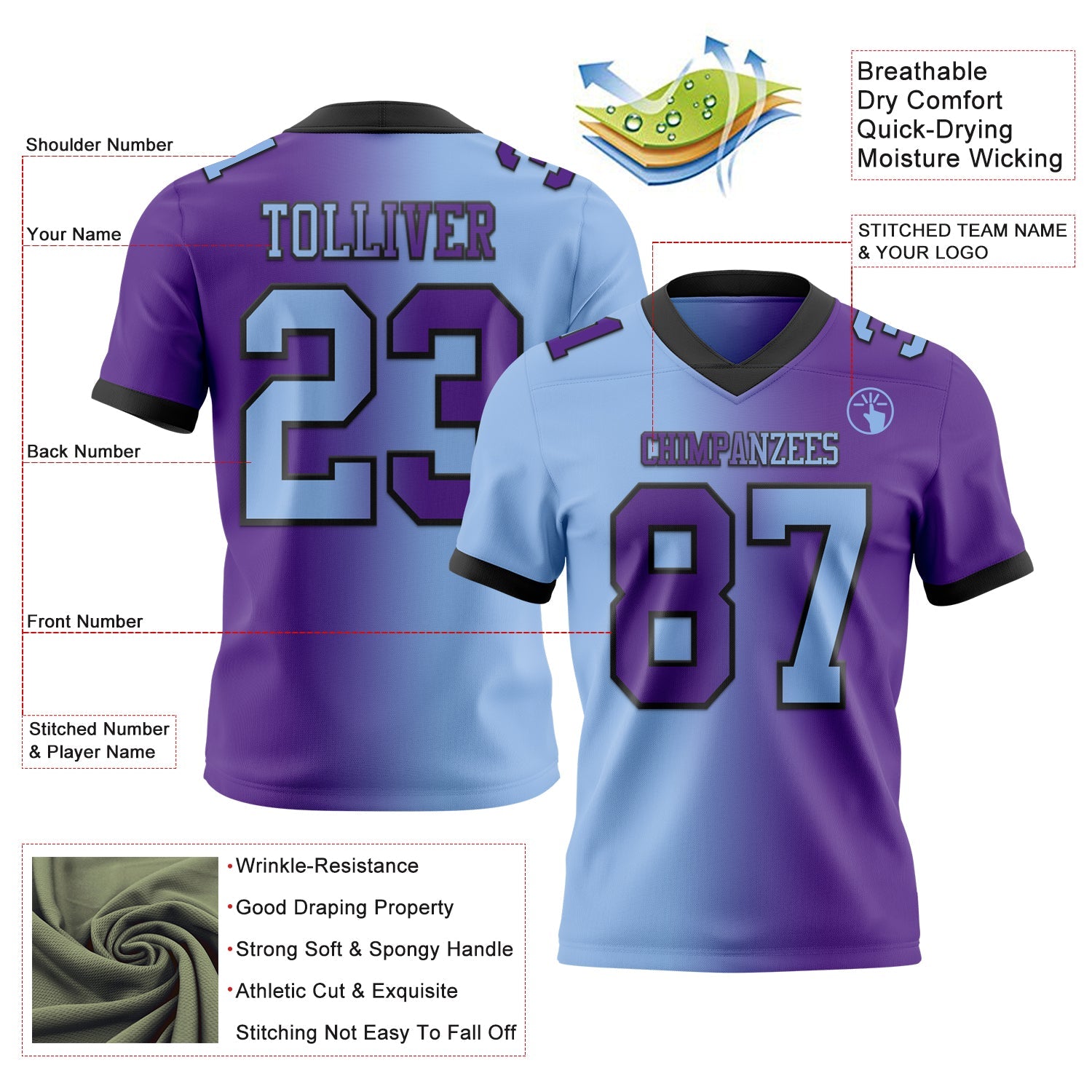 Custom Purple Light Blue-Black Authentic Gradient Fashion Football Jersey