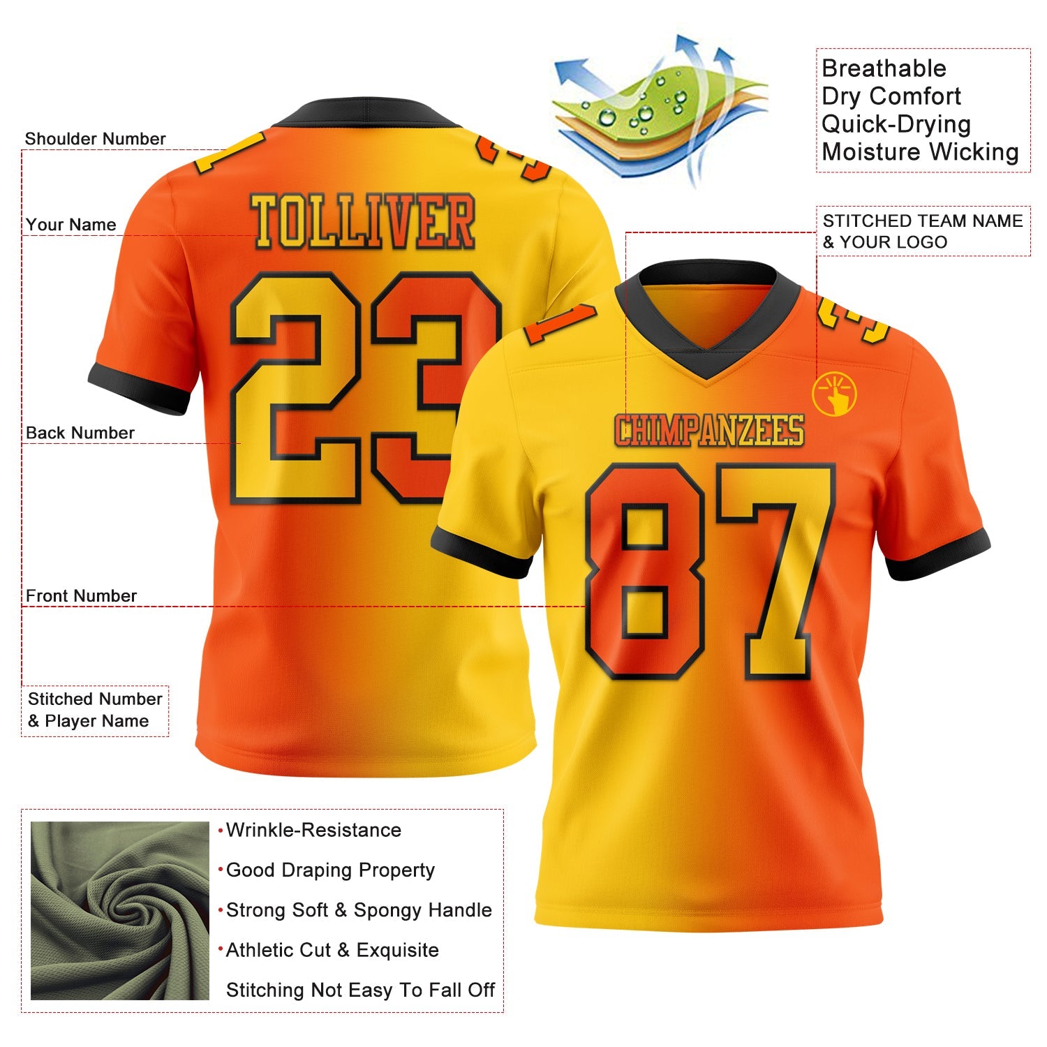 Custom Orange Yellow-Black Authentic Gradient Fashion Football Jersey