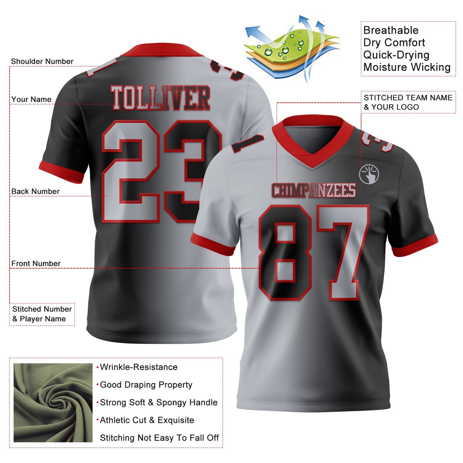 Custom Black Gray-Red Authentic Gradient Fashion Football Jersey