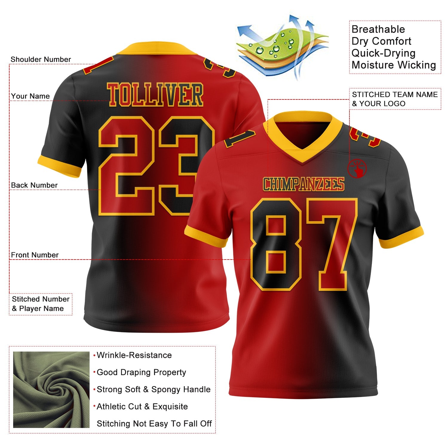 Custom Black Red-Gold Authentic Gradient Fashion Football Jersey