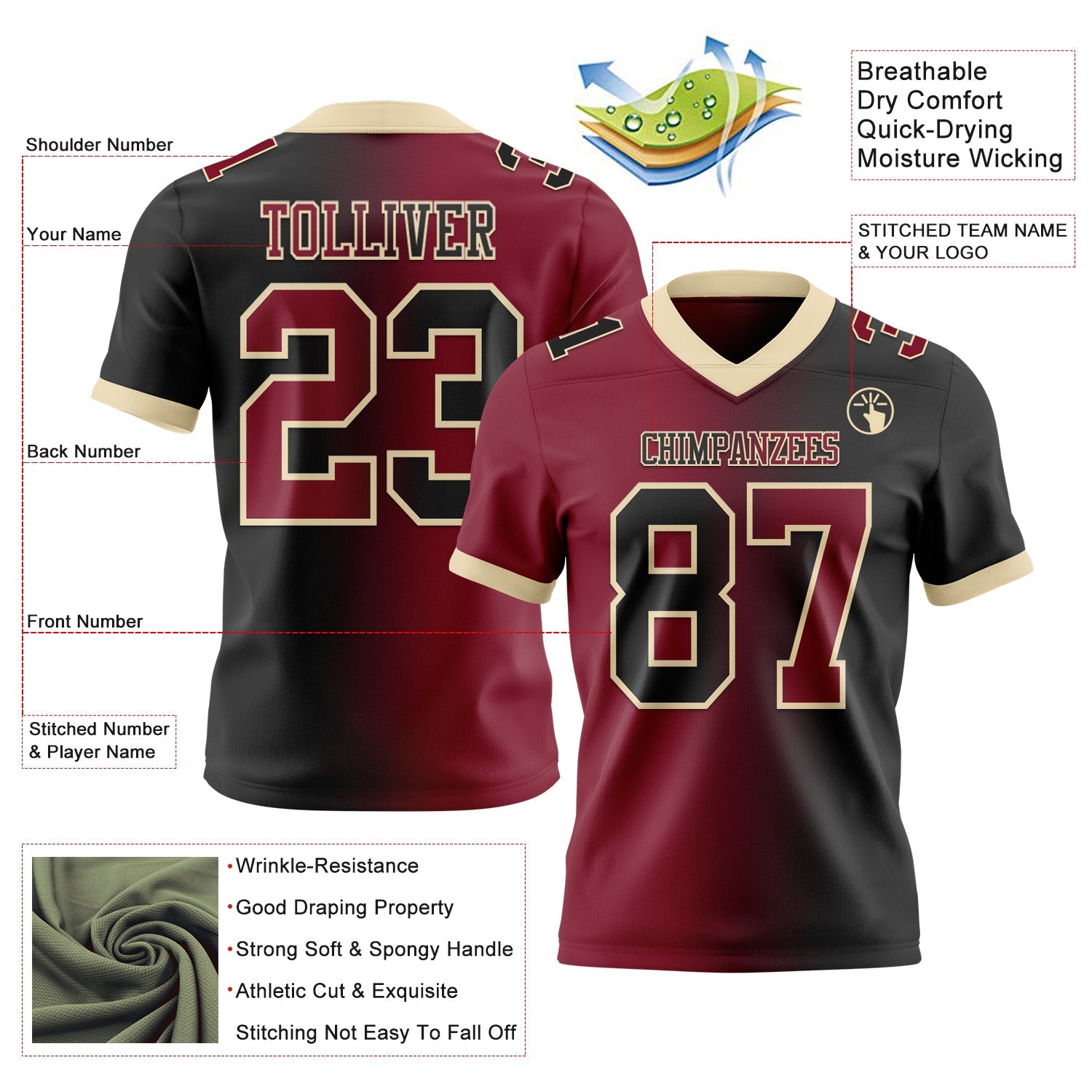 Custom Black Crimson-Cream Authentic Gradient Fashion Football Jersey