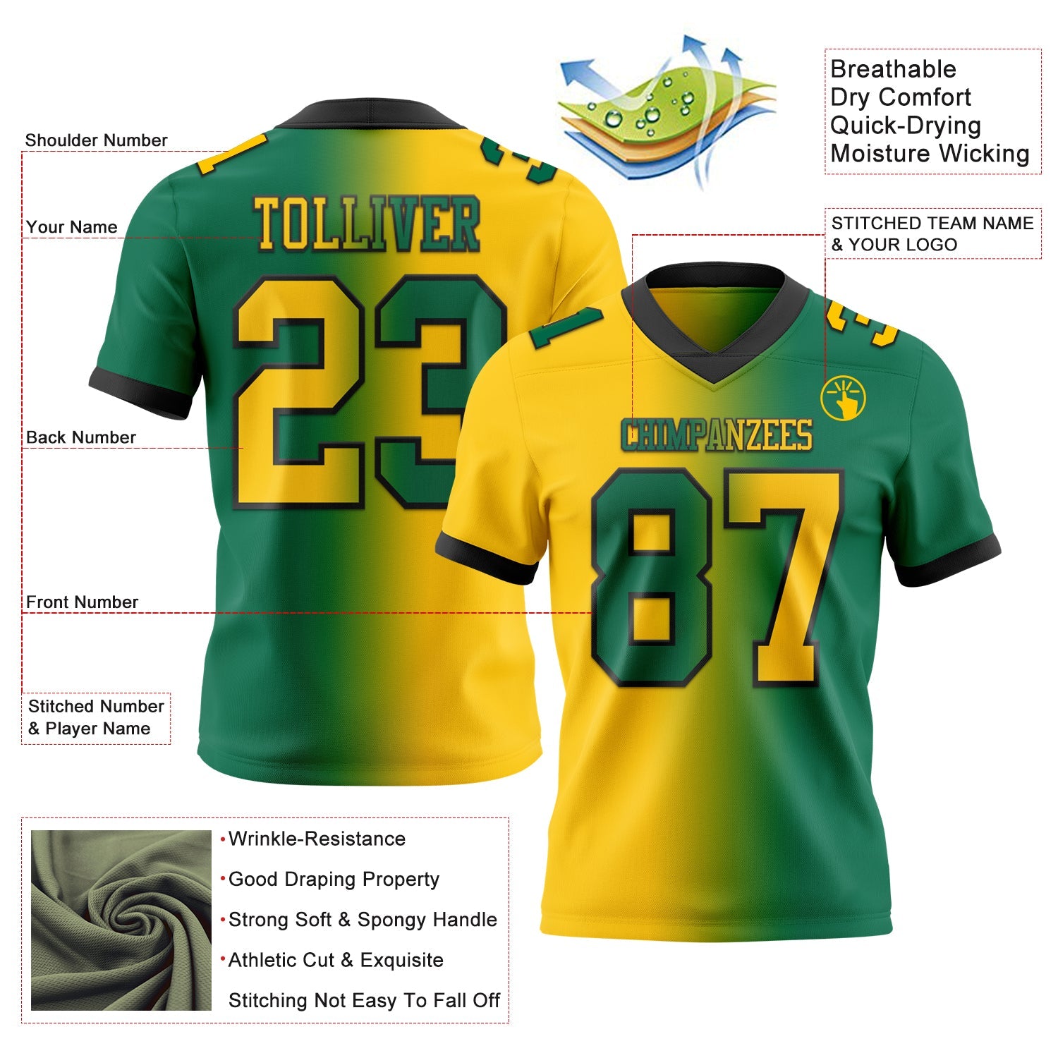 Custom Kelly Green Yellow-Black Authentic Gradient Fashion Football Jersey