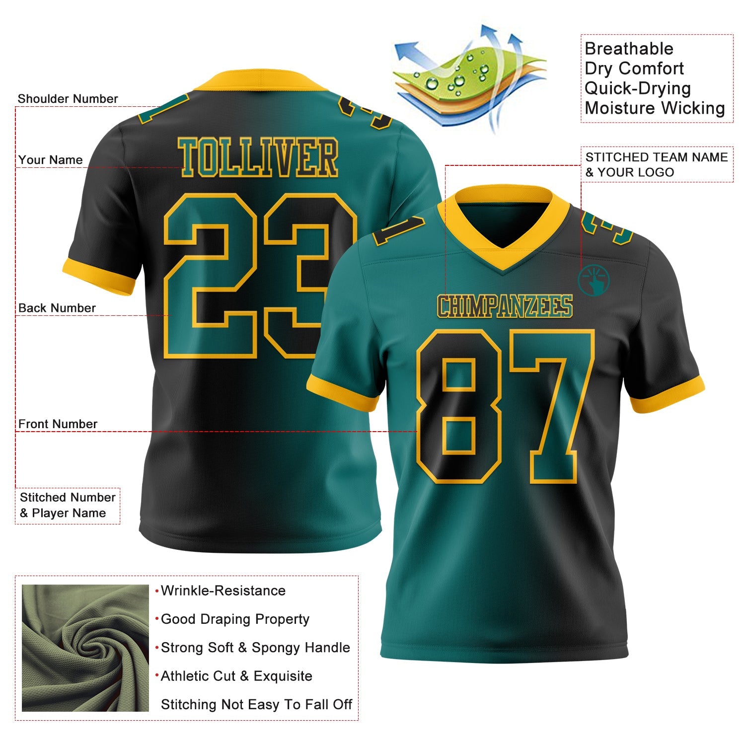 Custom Black Teal-Gold Authentic Gradient Fashion Football Jersey