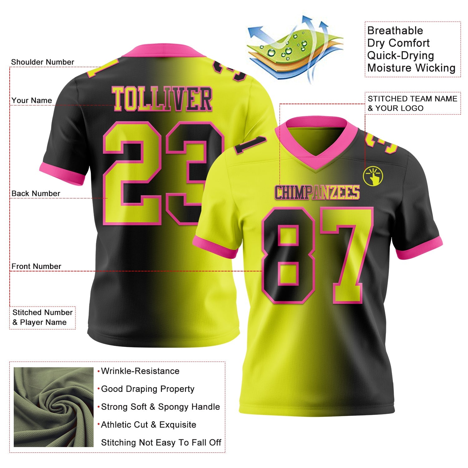 Custom Black Neon Yellow-Pink Authentic Gradient Fashion Football Jersey
