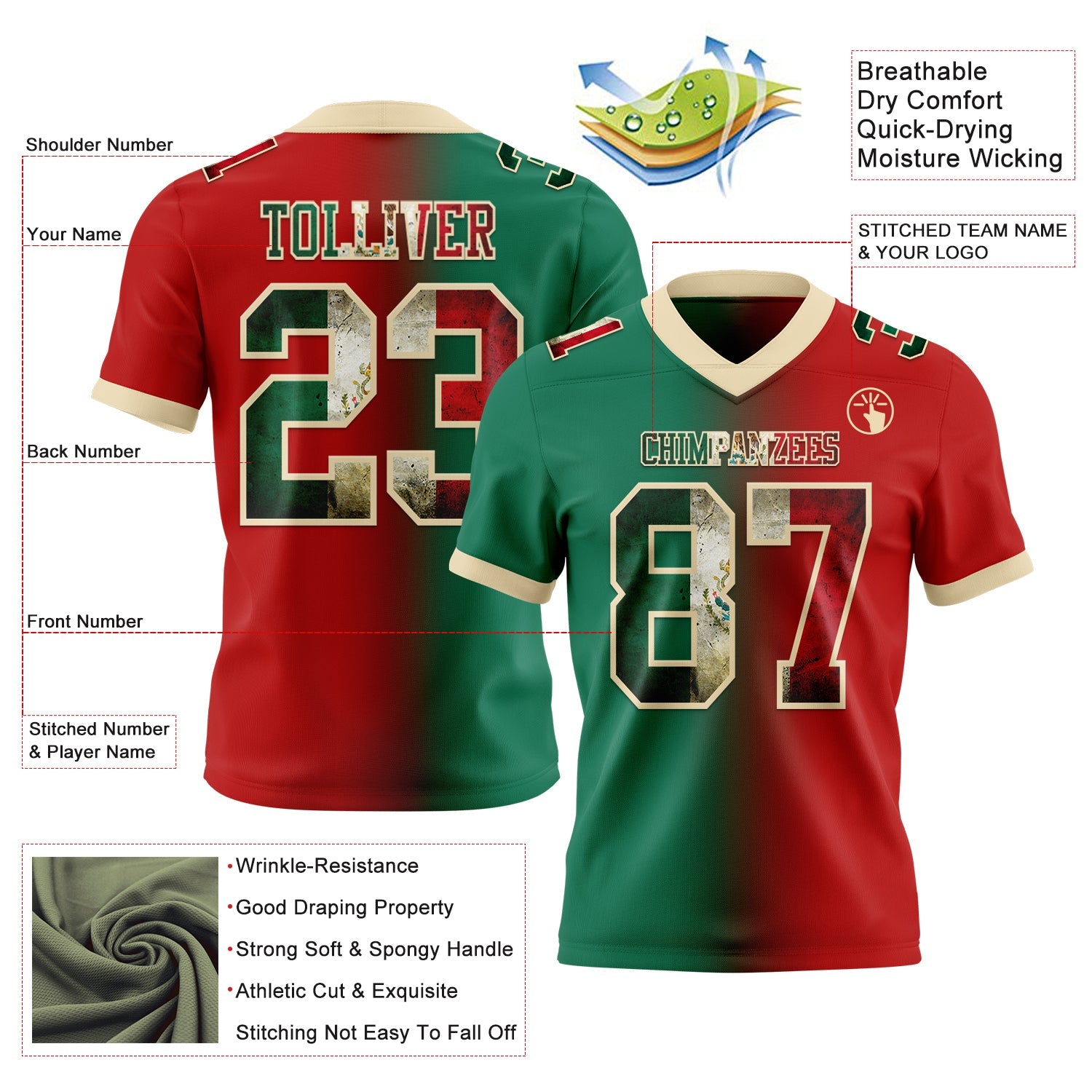 Custom Red Vintage Mexican Flag Kelly Green-Cream Authentic Gradient Fashion Football Jersey