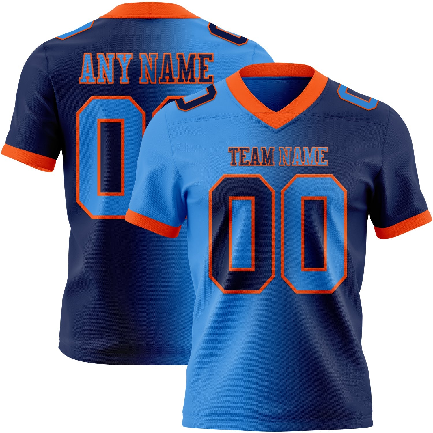 Custom Navy Powder Blue-Orange Authentic Gradient Fashion Football Jersey
