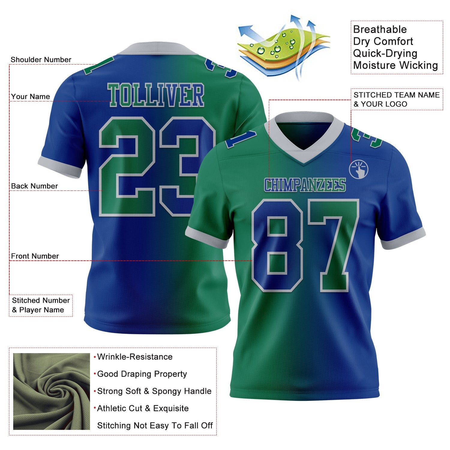 Custom Royal Kelly Green-Gray Authentic Gradient Fashion Football Jersey
