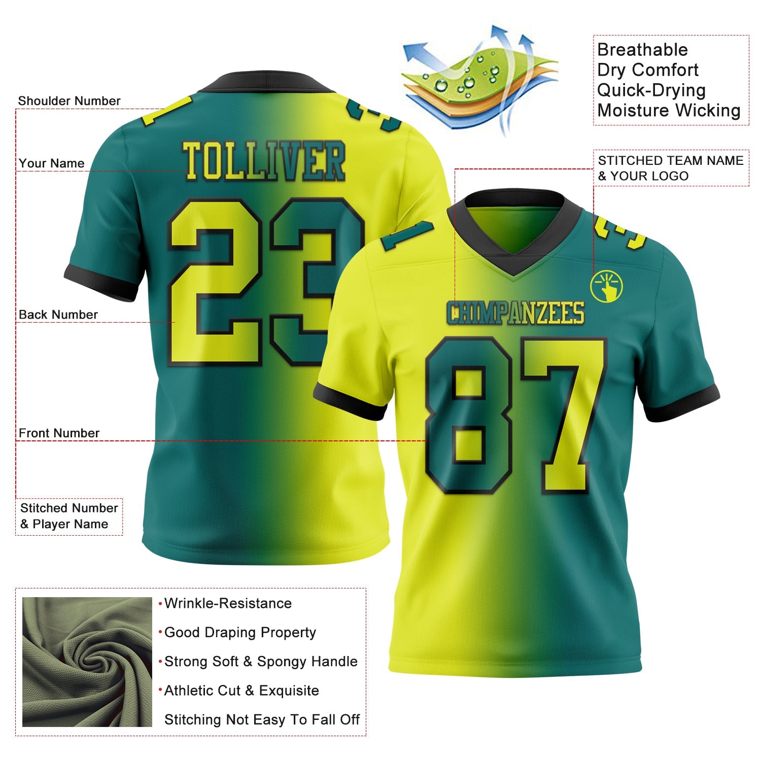 Custom Teal Neon Yellow-Black Authentic Gradient Fashion Football Jersey