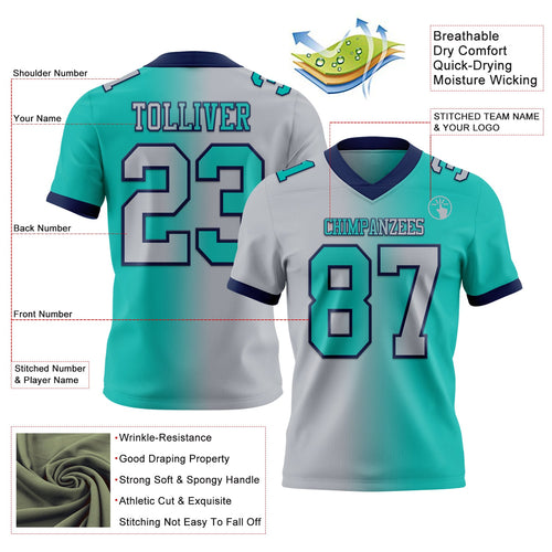 Custom Aqua Gray-Navy Authentic Gradient Fashion Football Jersey