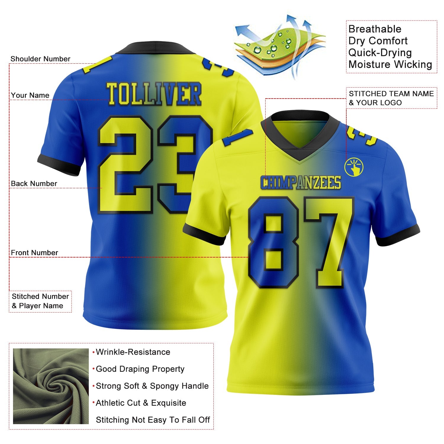 Custom Thunder Blue Neon Yellow-Black Authentic Gradient Fashion Football Jersey