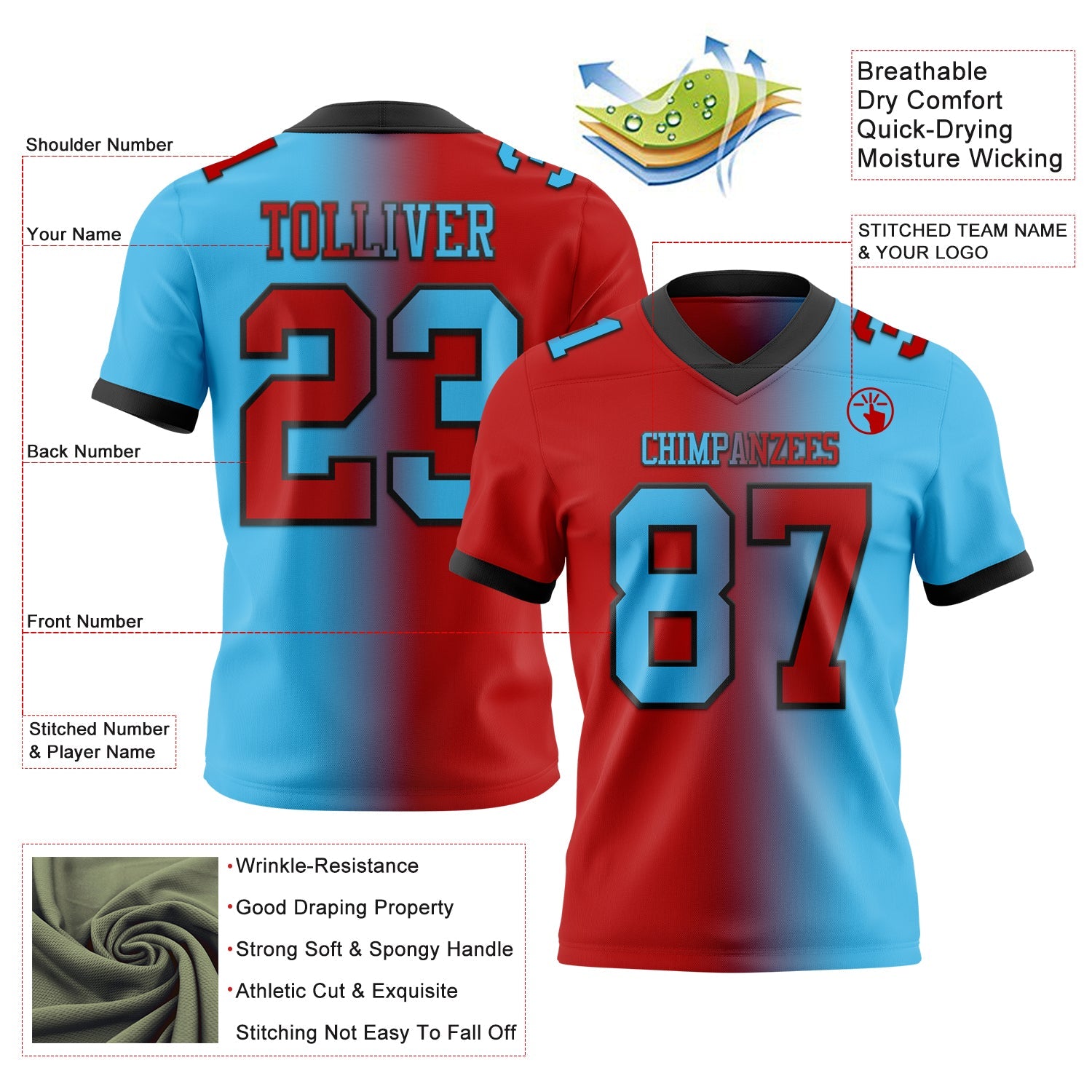 Custom Sky Blue Red-Black Authentic Gradient Fashion Football Jersey