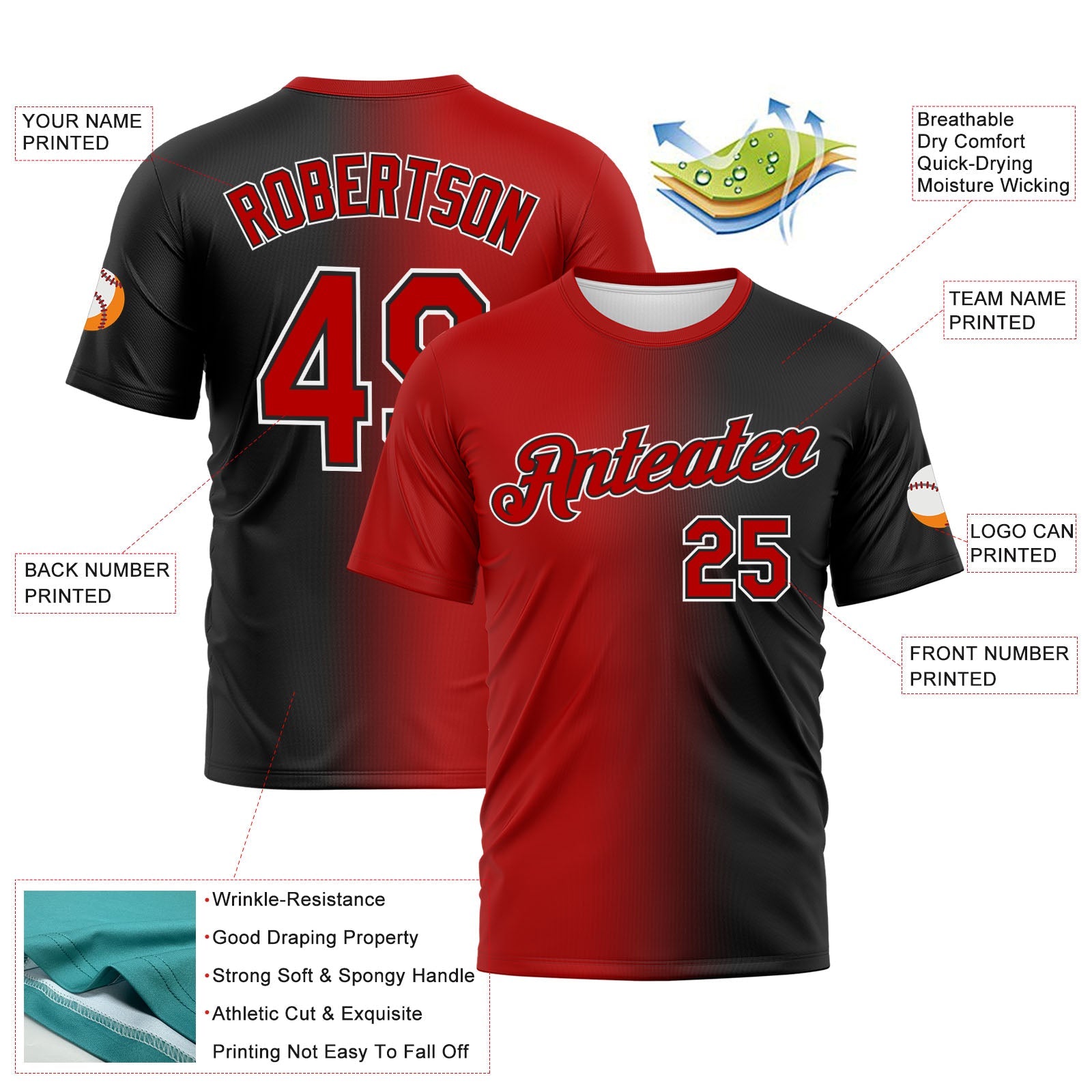 Custom Black Red-White Gradient Fashion Performance T-Shirt