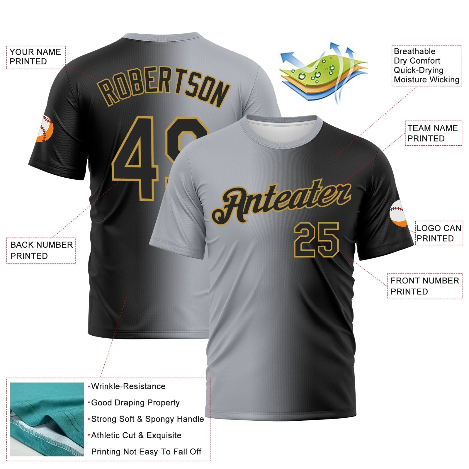 Custom Black Gray-Old Gold Gradient Fashion Performance T-Shirt