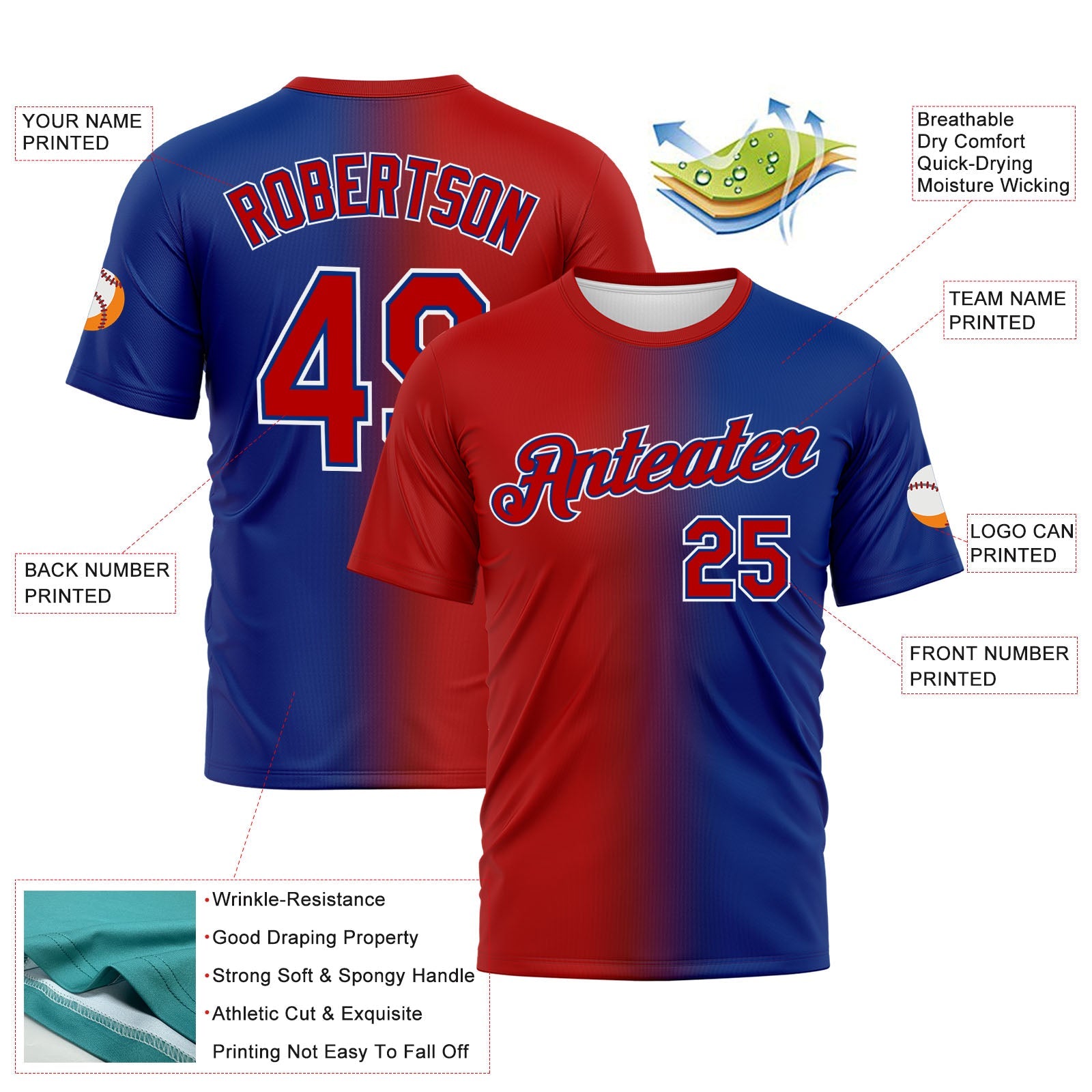 Custom Royal Red-White Gradient Fashion Performance T-Shirt