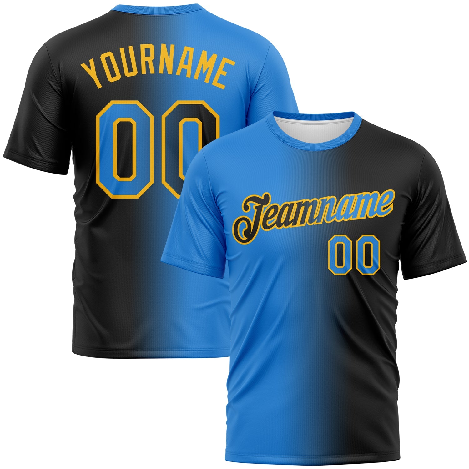Custom Black Powder Blue-Gold Gradient Fashion Performance T-Shirt