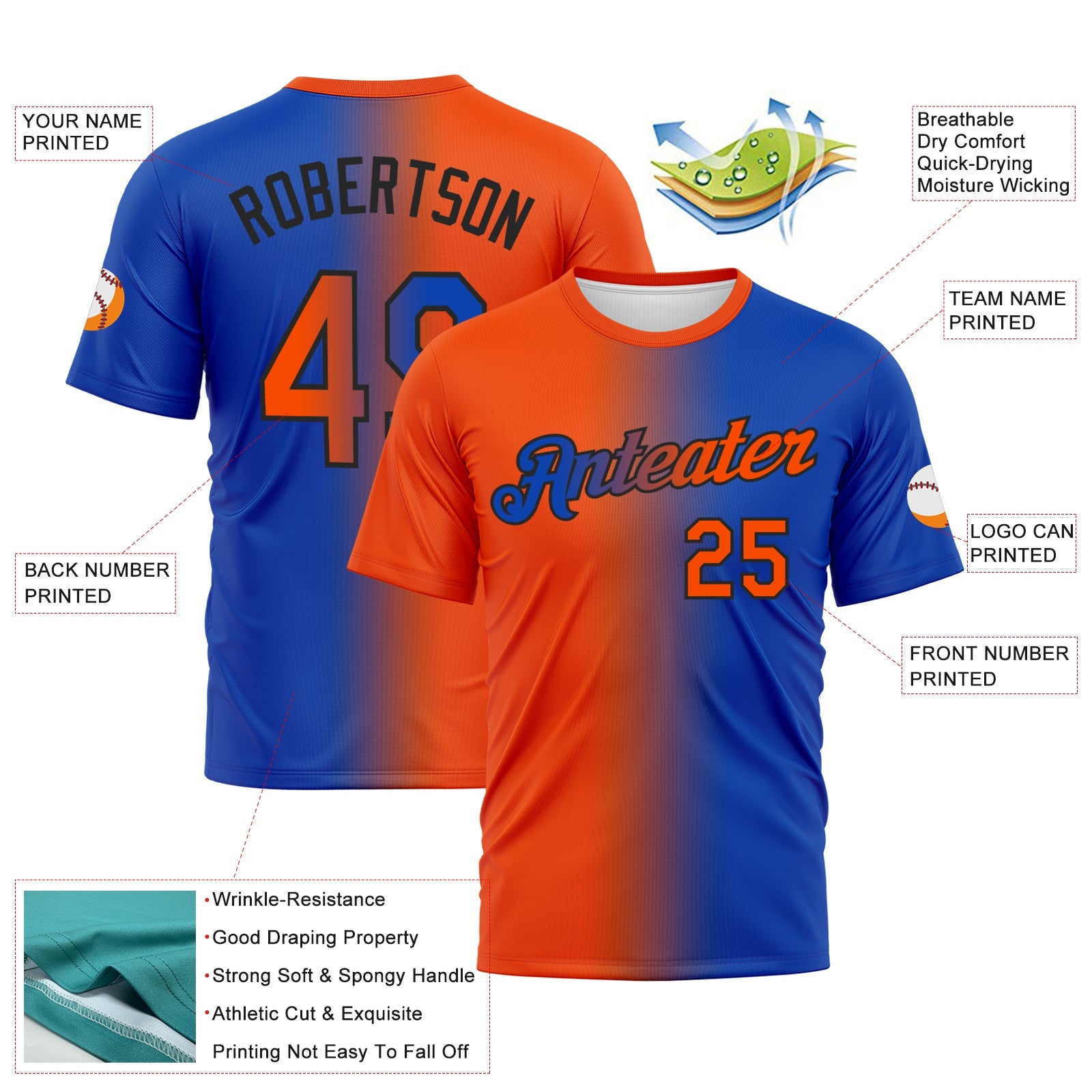 Custom Thunder Blue Orange-Black Gradient Fashion Performance T-Shirt