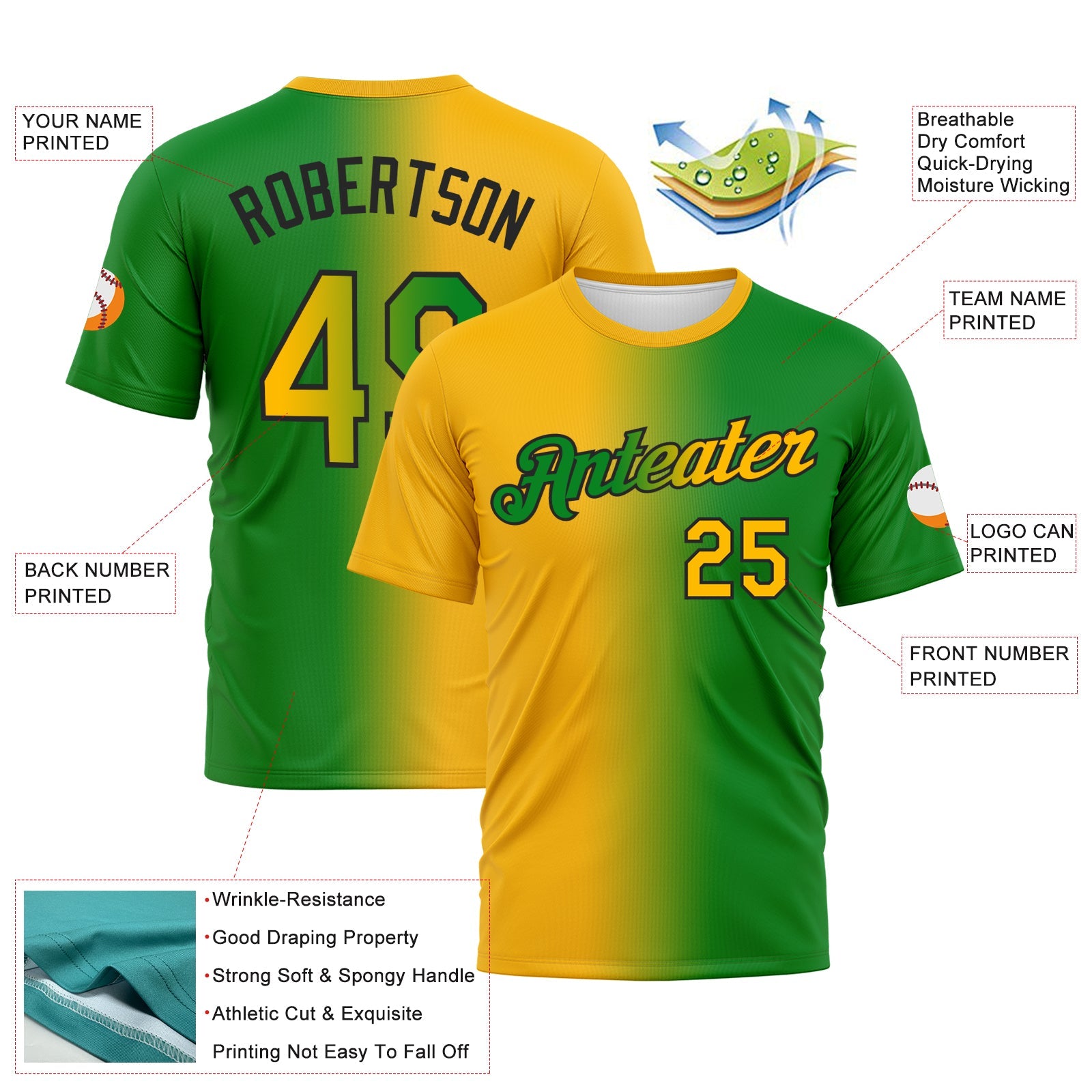 Custom Grass Green Gold-Black Gradient Fashion Performance T-Shirt