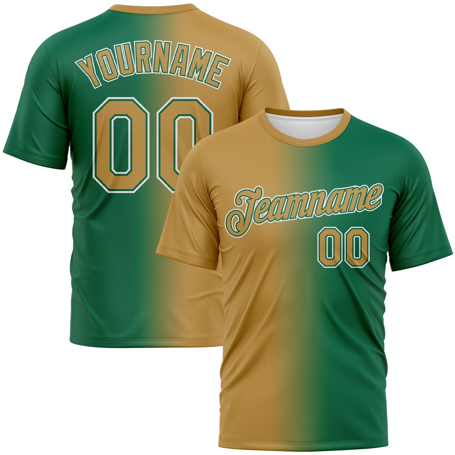 Custom Kelly Green Old Gold-White Gradient Fashion Performance T-Shirt