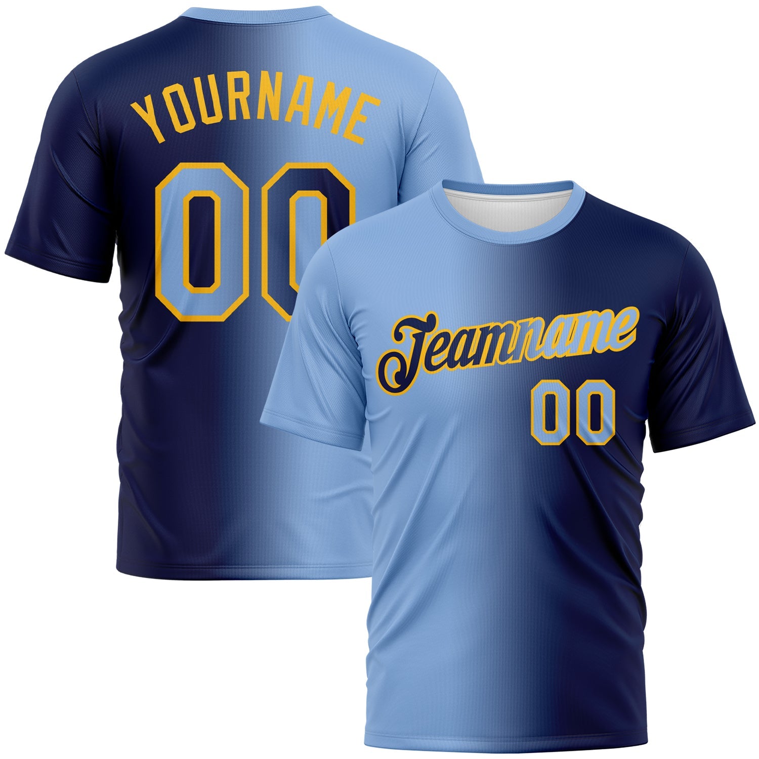 Custom Navy Light Blue-Gold Gradient Fashion Performance T-Shirt