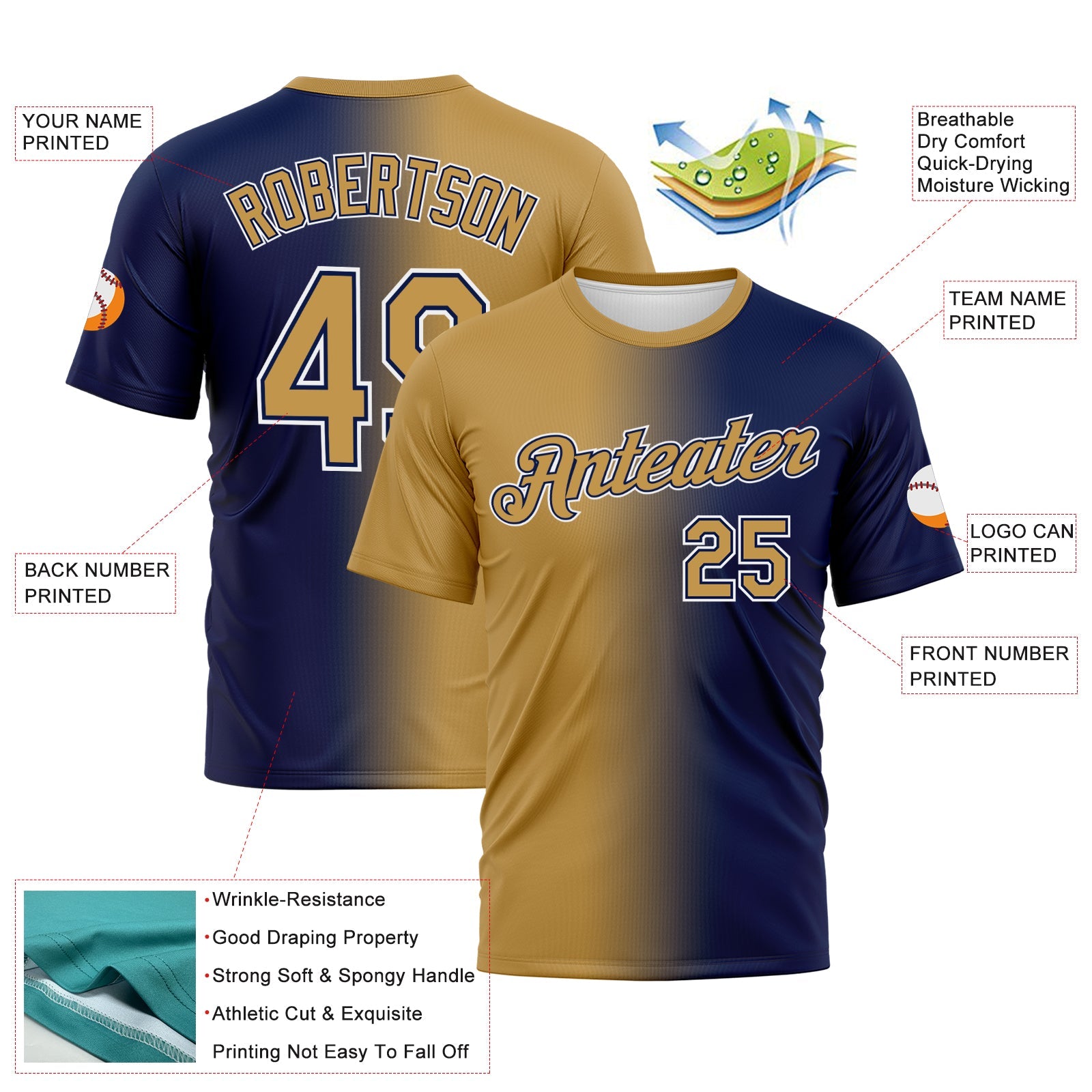 Custom Navy Old Gold-White Gradient Fashion Performance T-Shirt