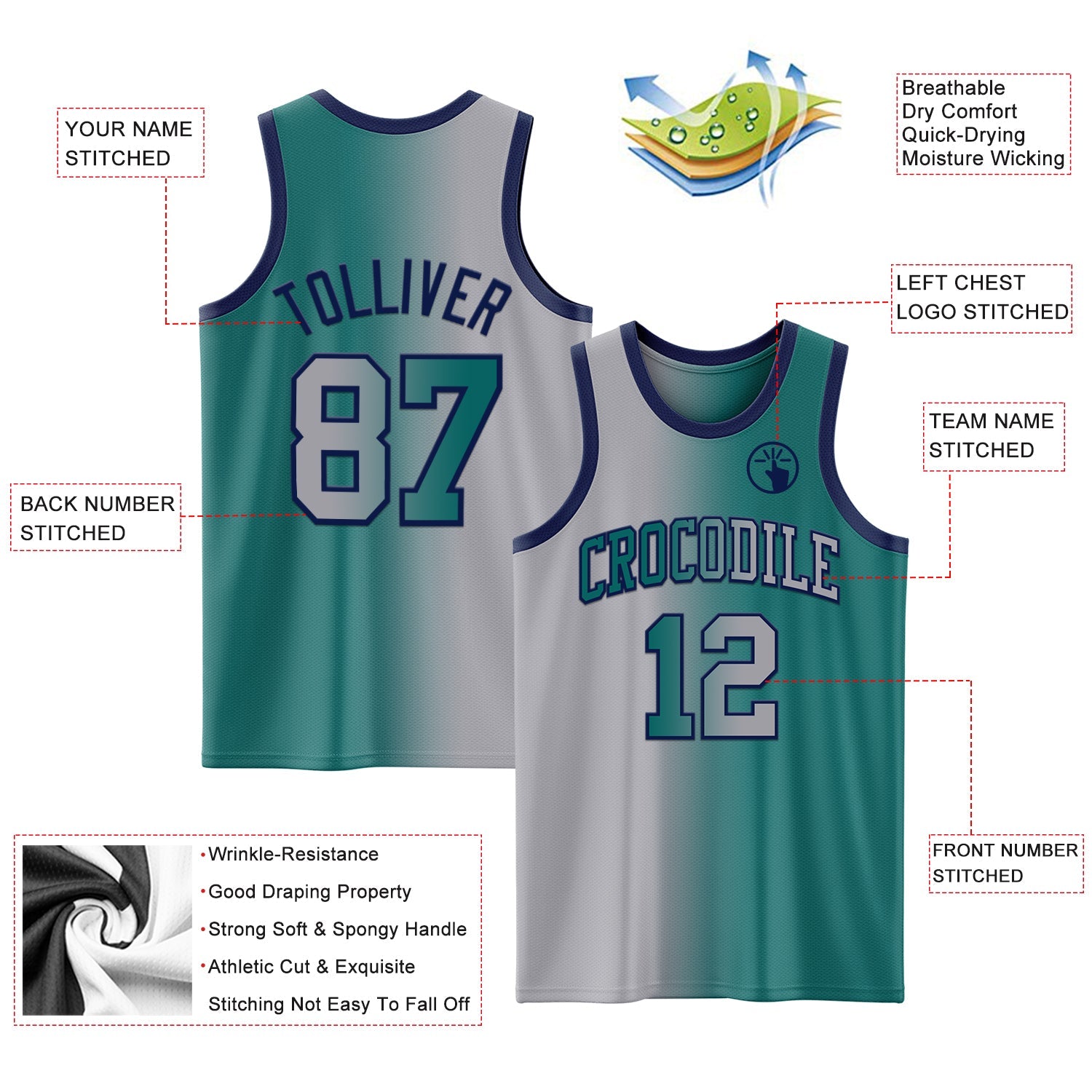 Custom Teal Gray-Navy Authentic Gradient Fashion Basketball Jersey