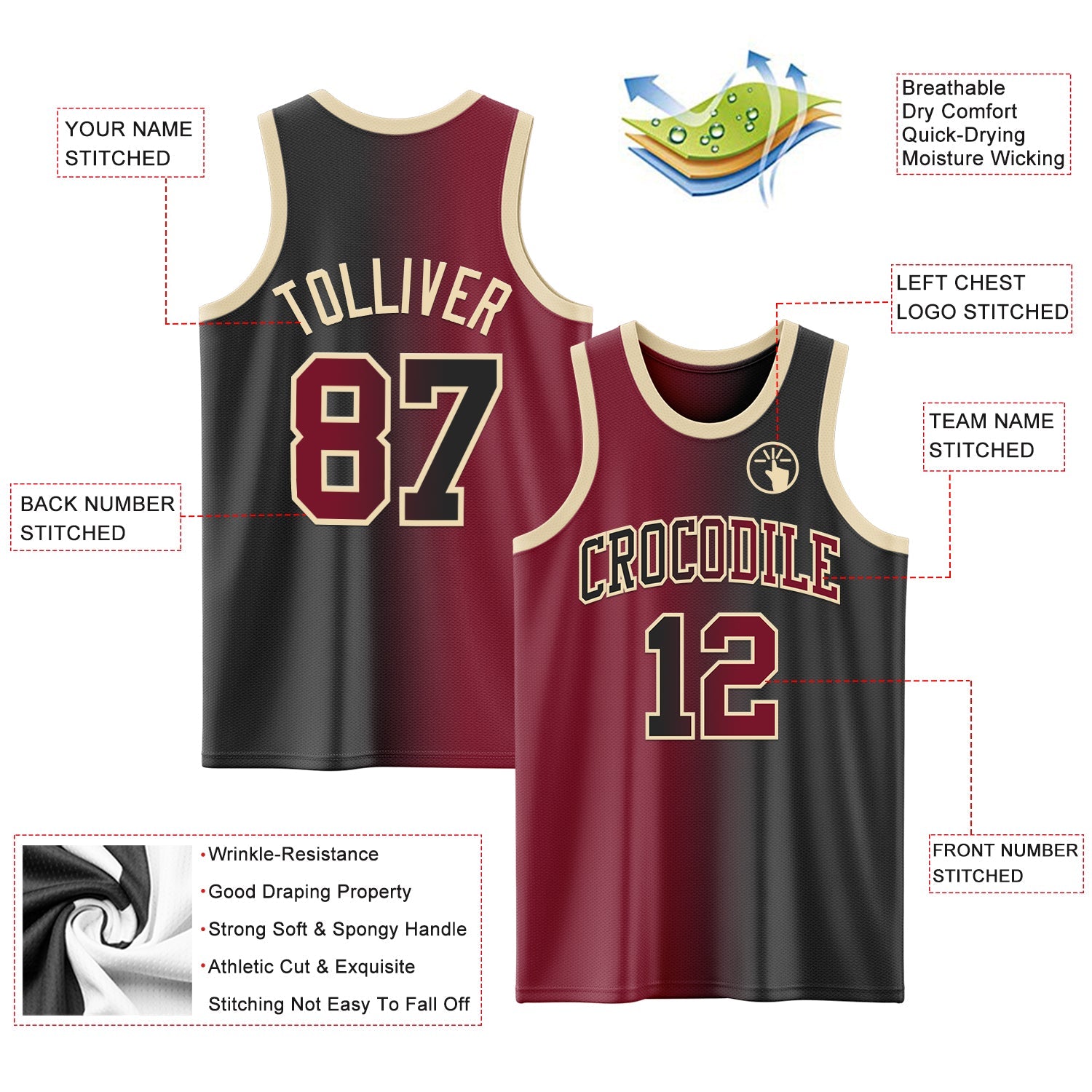 Custom Black Crimson-Cream Authentic Gradient Fashion Basketball Jersey