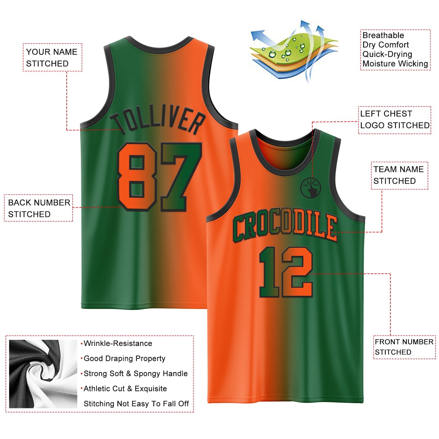 Custom Kelly Green Orange-Black Authentic Gradient Fashion Basketball Jersey