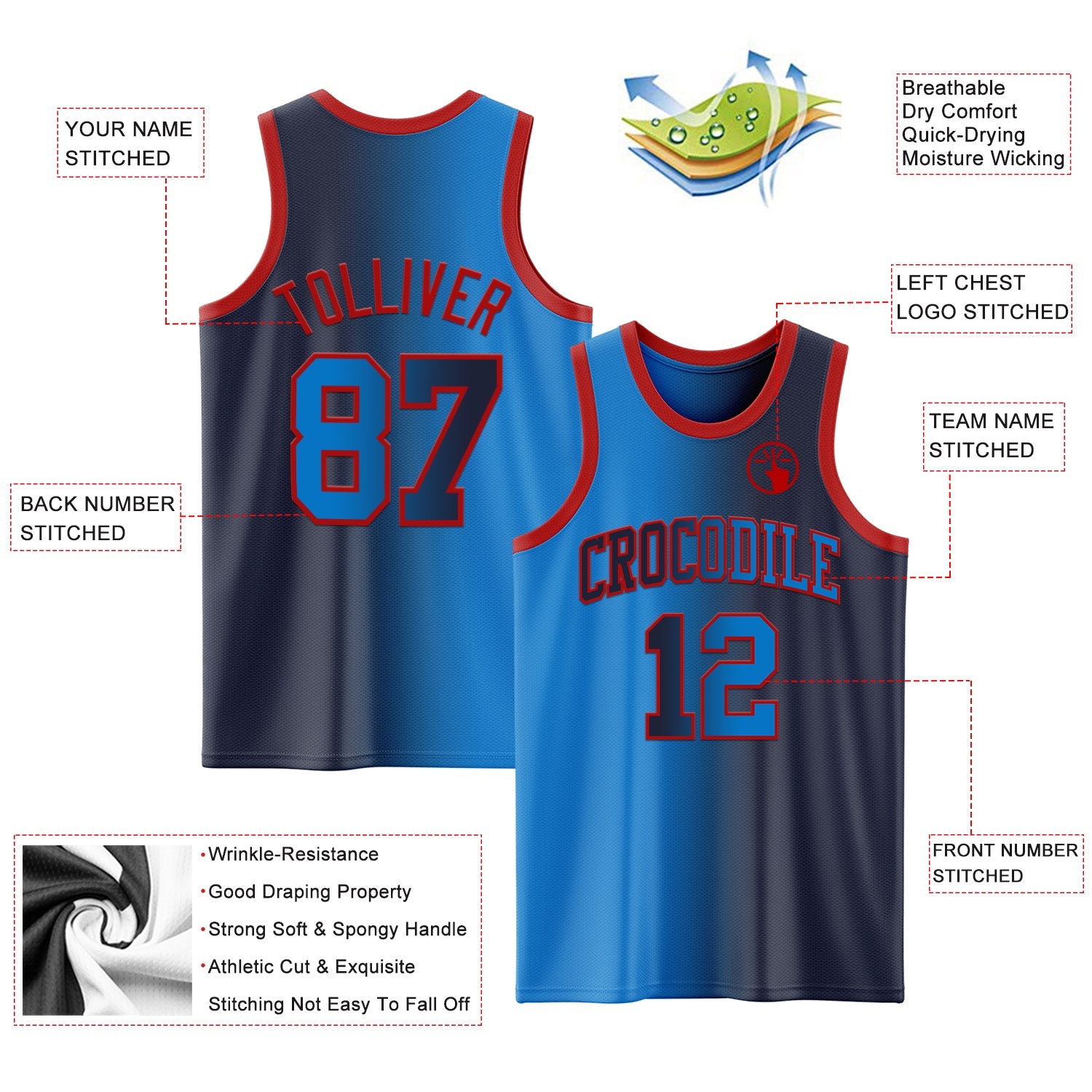 Custom Navy Powder Blue-Red Authentic Gradient Fashion Basketball Jersey
