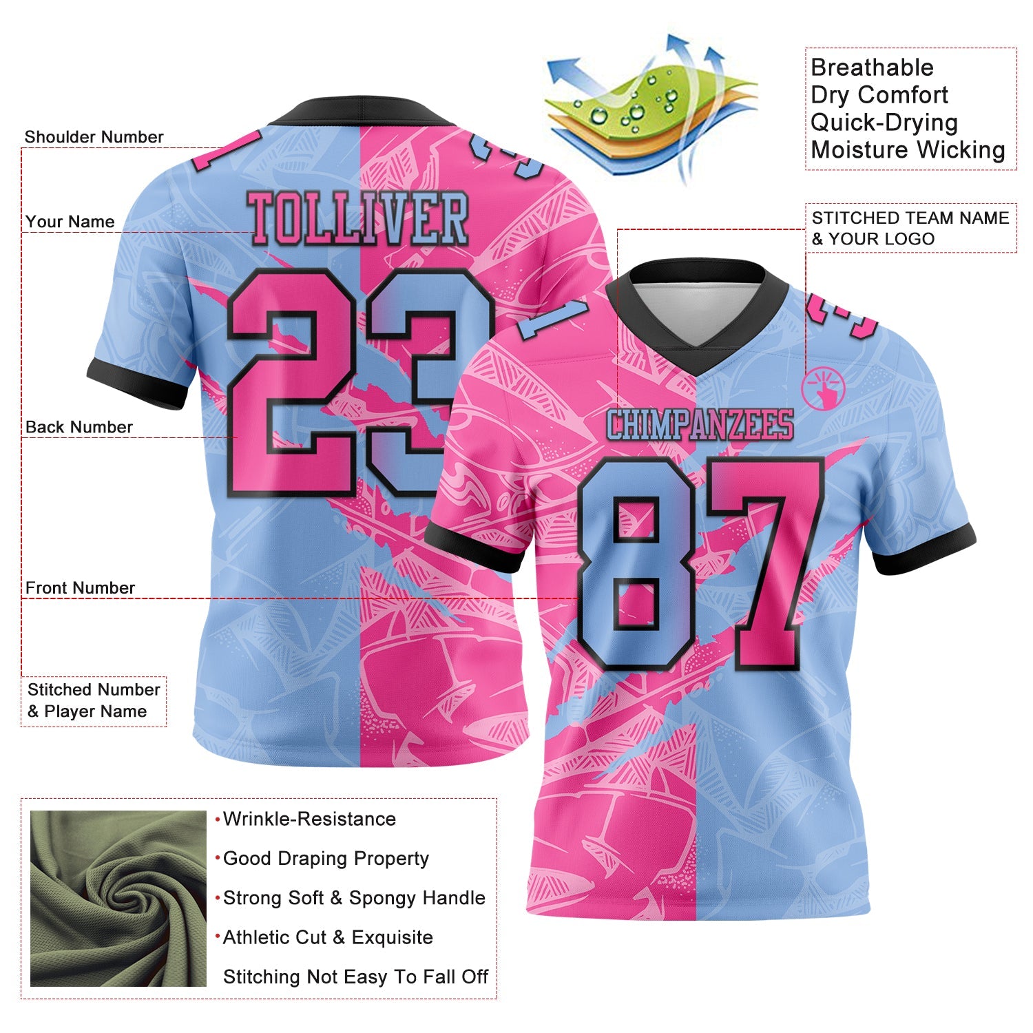 Custom Light Blue Pink-Black Authentic Gradient Fashion Scratch Football Jersey