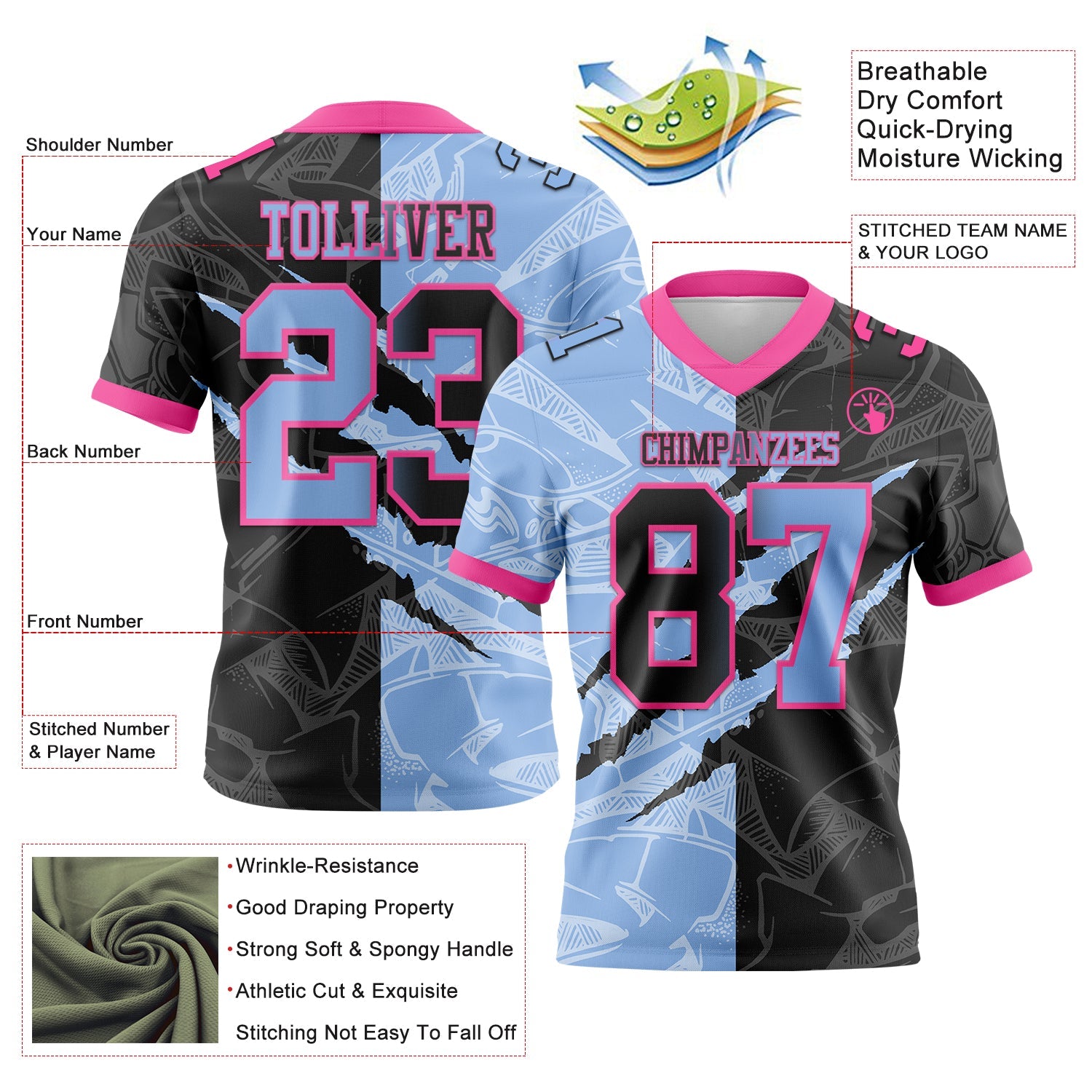 Custom Black Light Blue-Pink Authentic Gradient Fashion Scratch Football Jersey