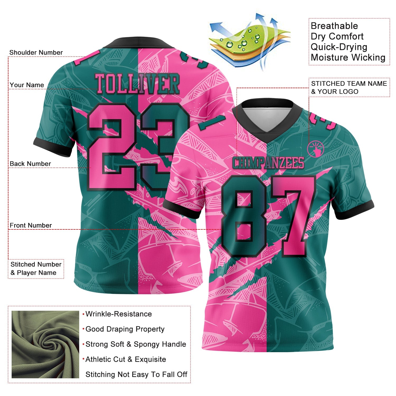 Custom Teal Pink-Black Authentic Gradient Fashion Scratch Football Jersey