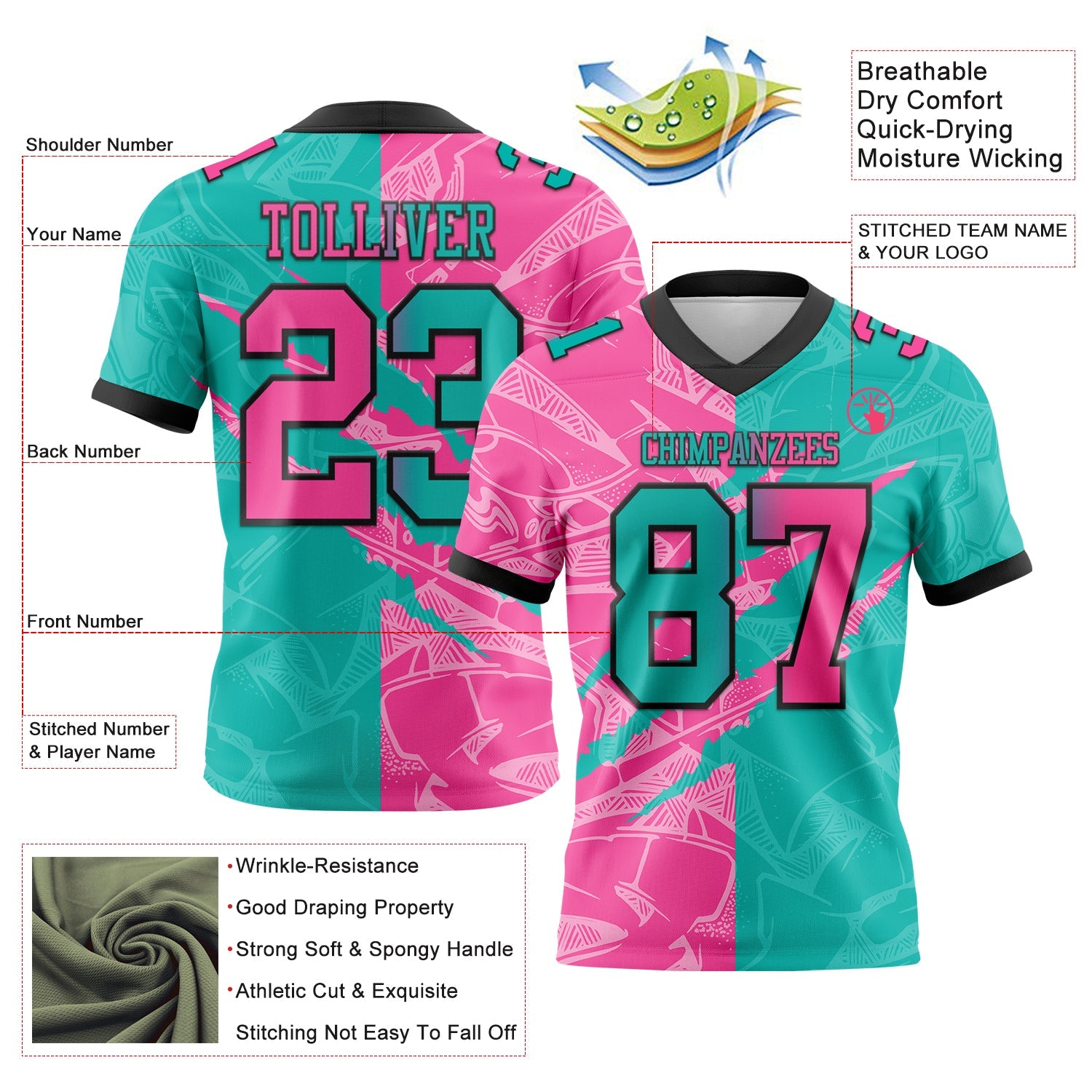 Custom Aqua Pink-Black Authentic Gradient Fashion Scratch Football Jersey