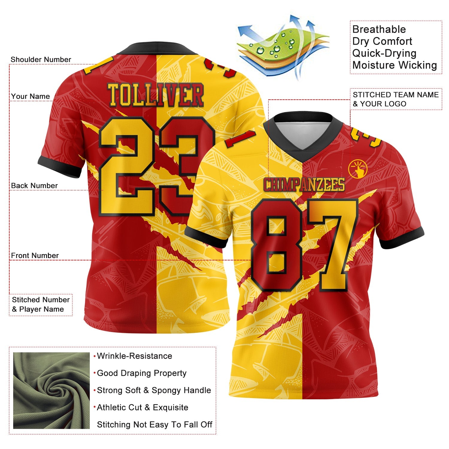 Custom Red Yellow-Black Authentic Gradient Fashion Scratch Football Jersey