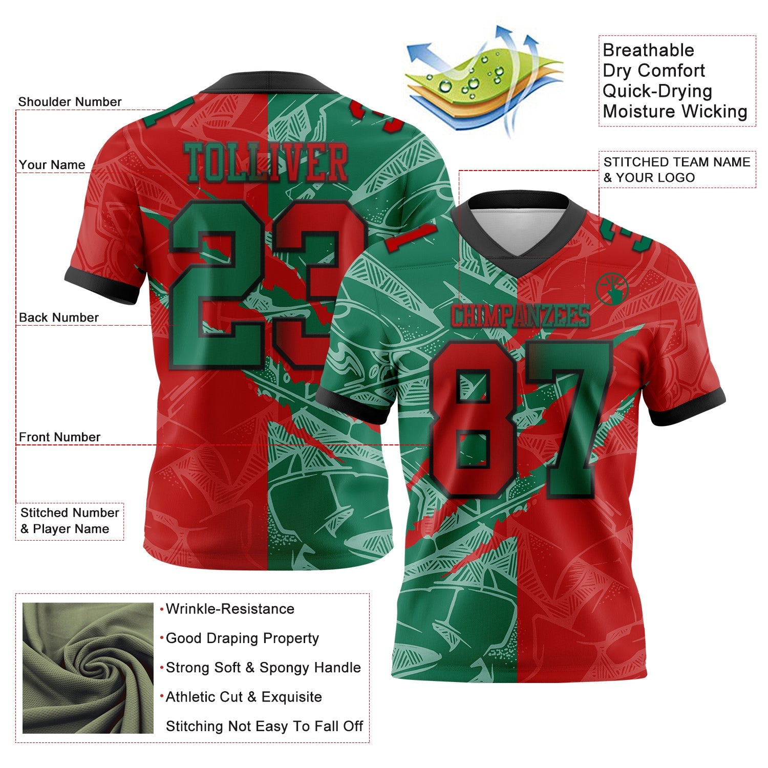Custom Red Kelly Green-Black Authentic Gradient Fashion Scratch Football Jersey