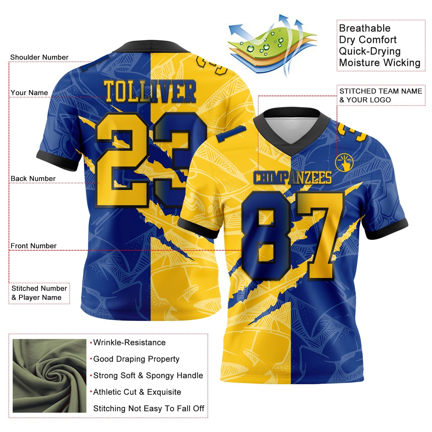 Custom Royal Yellow-Black Authentic Gradient Fashion Scratch Football Jersey