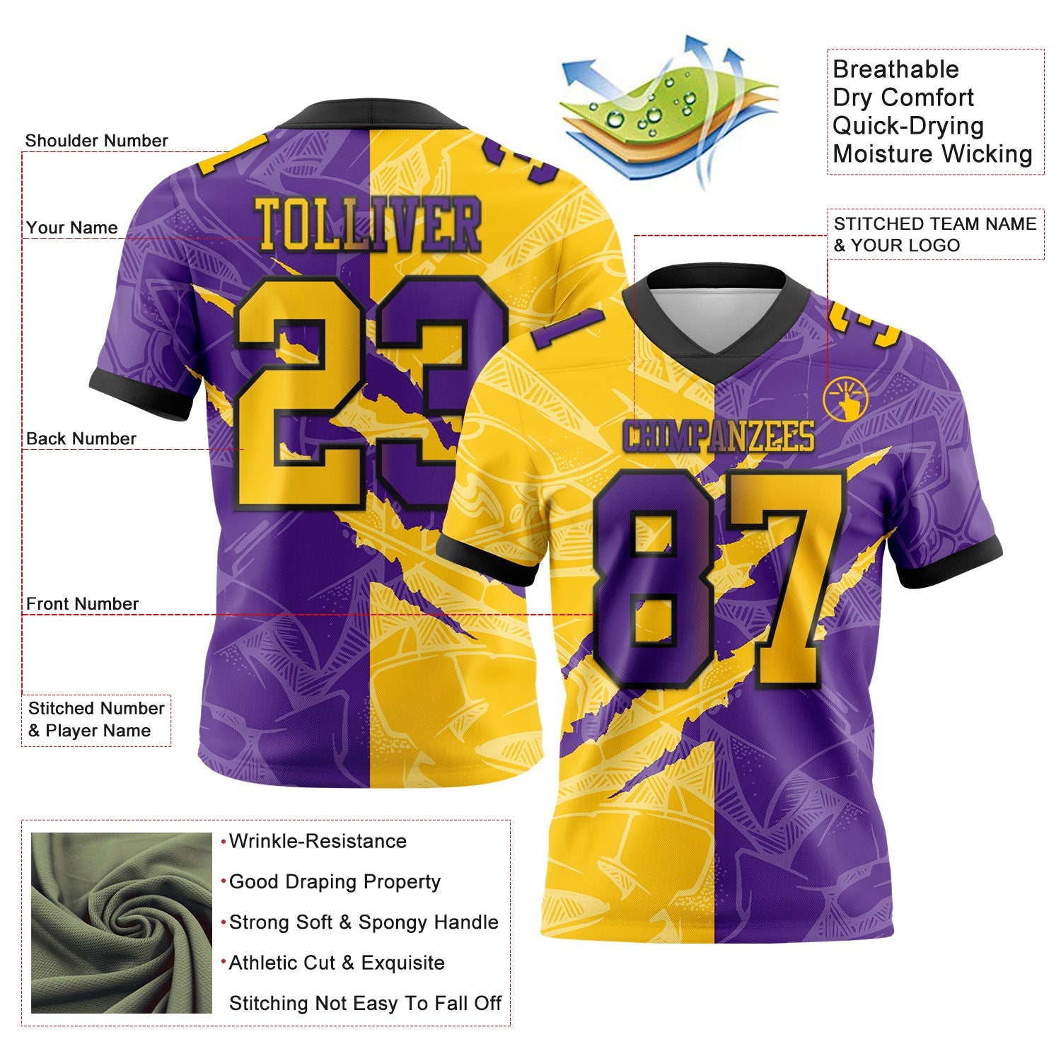 Custom Purple Yellow-Black Authentic Gradient Fashion Scratch Football Jersey