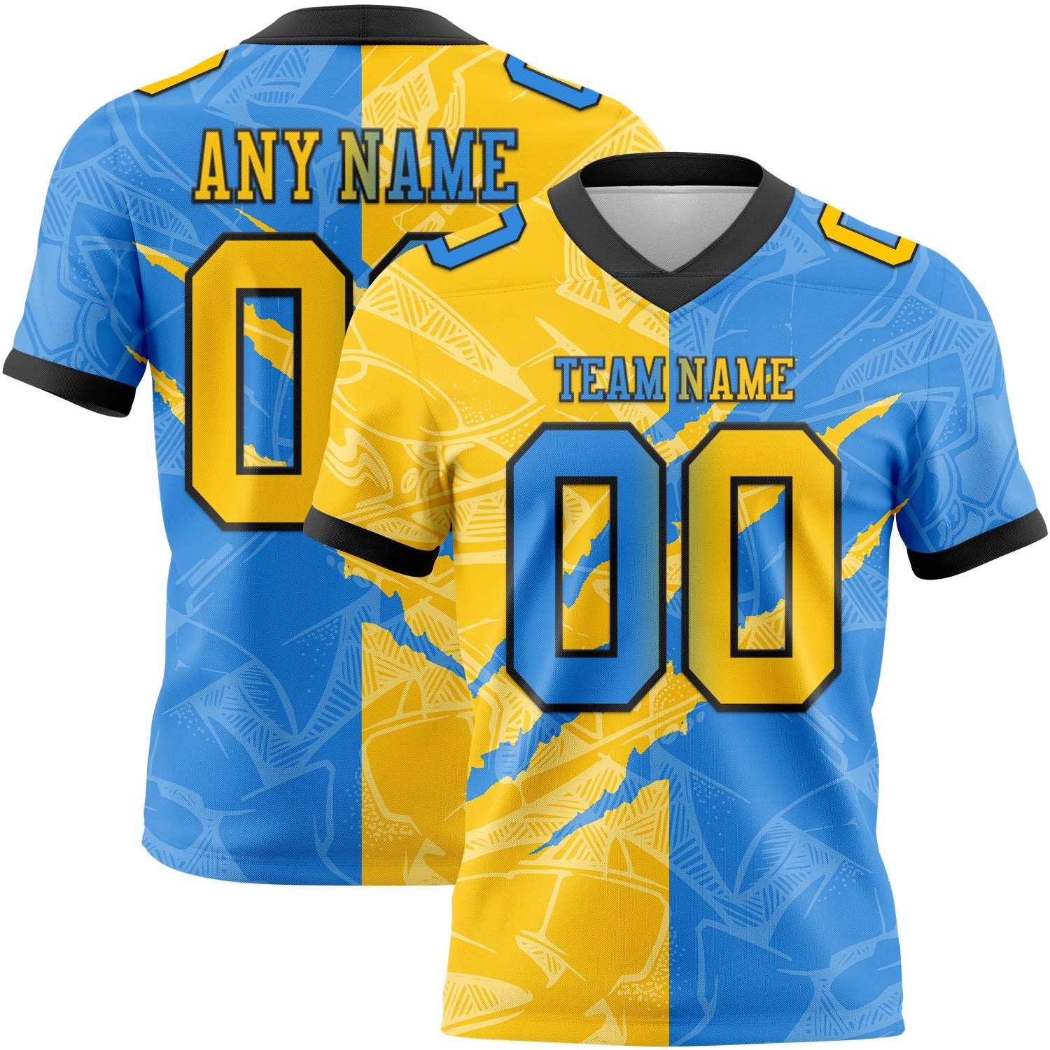 Custom Powder Blue Yellow-Black Authentic Gradient Fashion Scratch Football Jersey