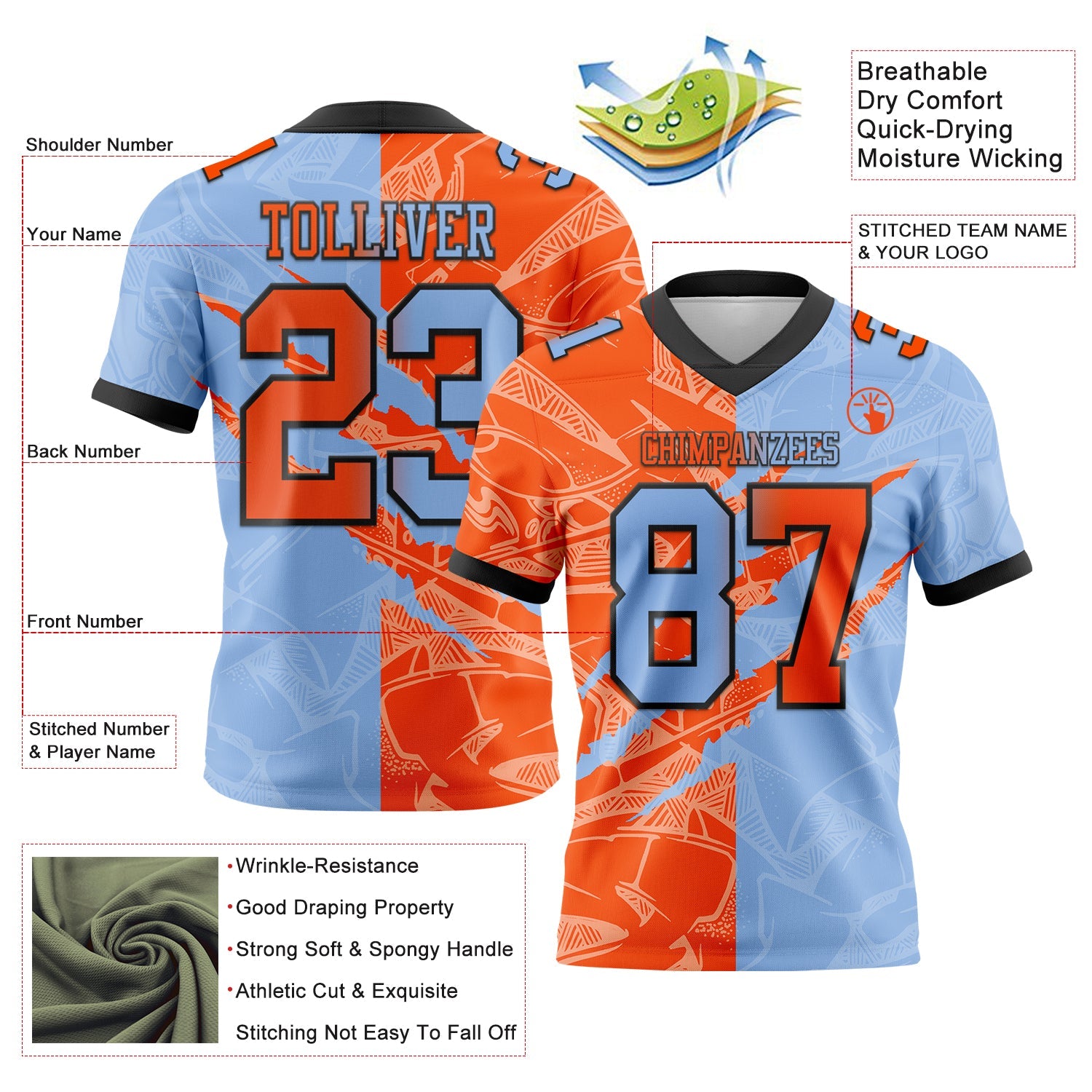 Custom Light Blue Orange-Black Authentic Gradient Fashion Scratch Football Jersey