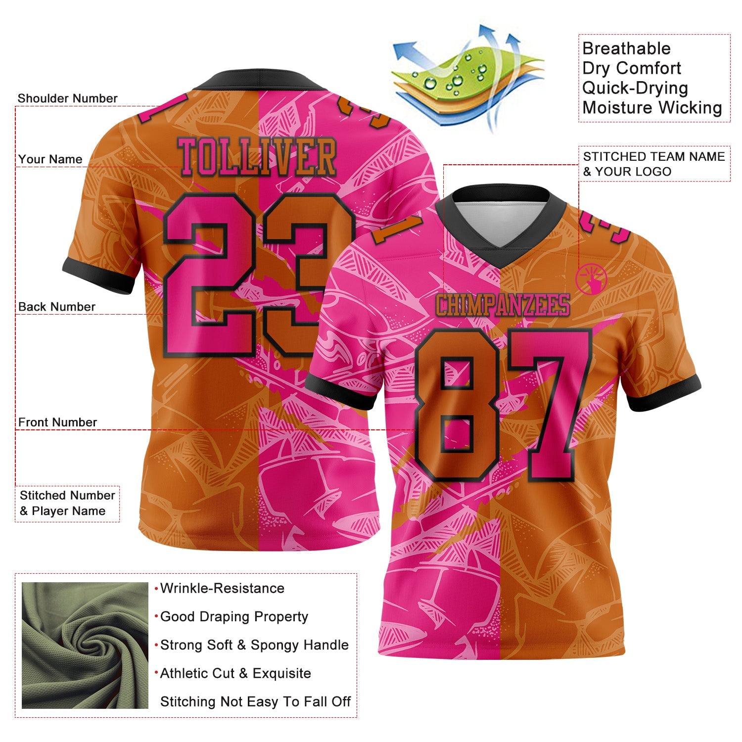 Custom Texas Orange Hot Pink-Black Authentic Gradient Fashion Scratch Football Jersey