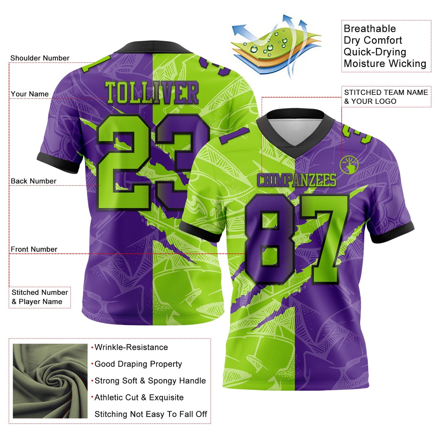Custom Purple Neon Green-Black Authentic Gradient Fashion Scratch Football Jersey