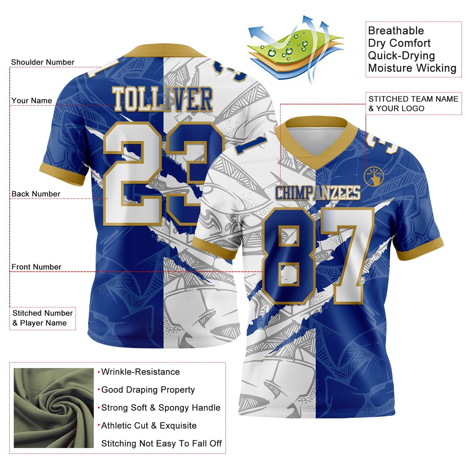 Custom Royal White-Old Gold Authentic Gradient Fashion Scratch Football Jersey