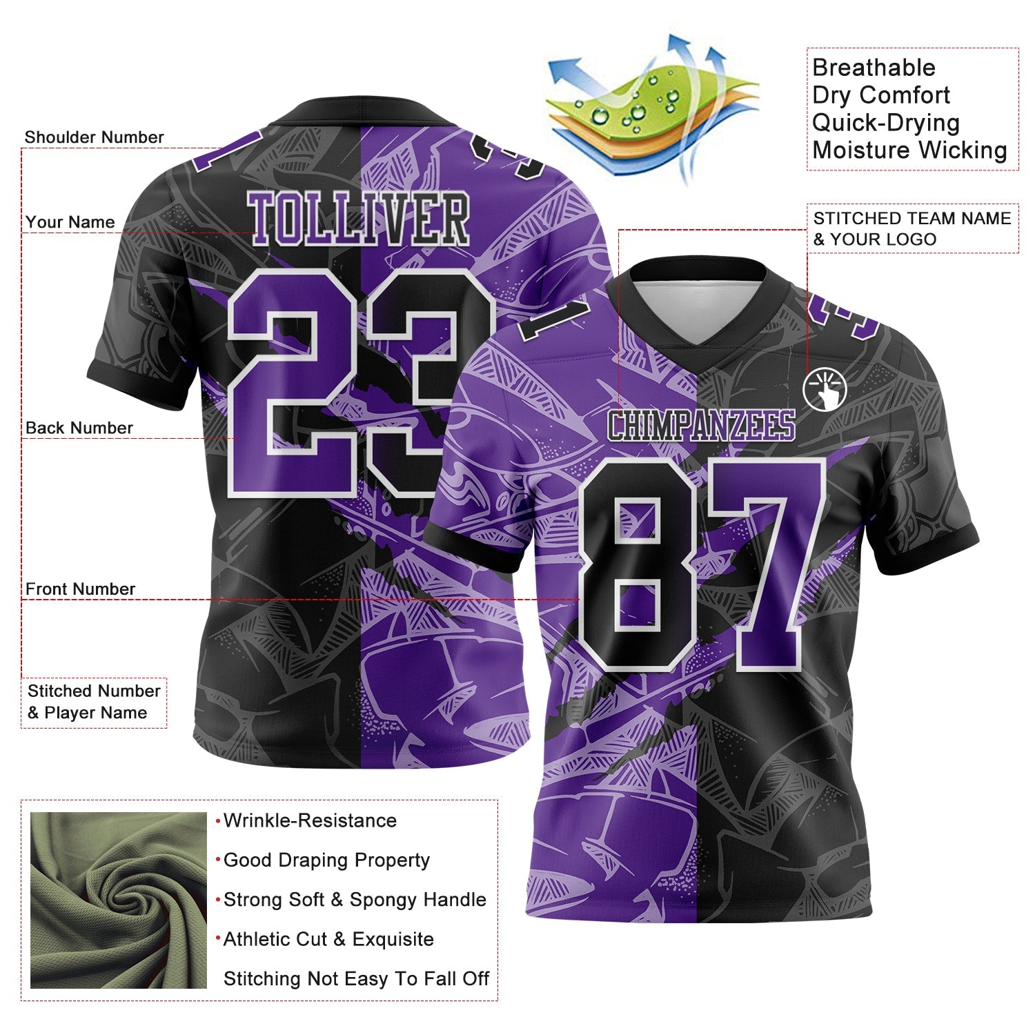 Custom Black Purple-White Authentic Gradient Fashion Scratch Football Jersey