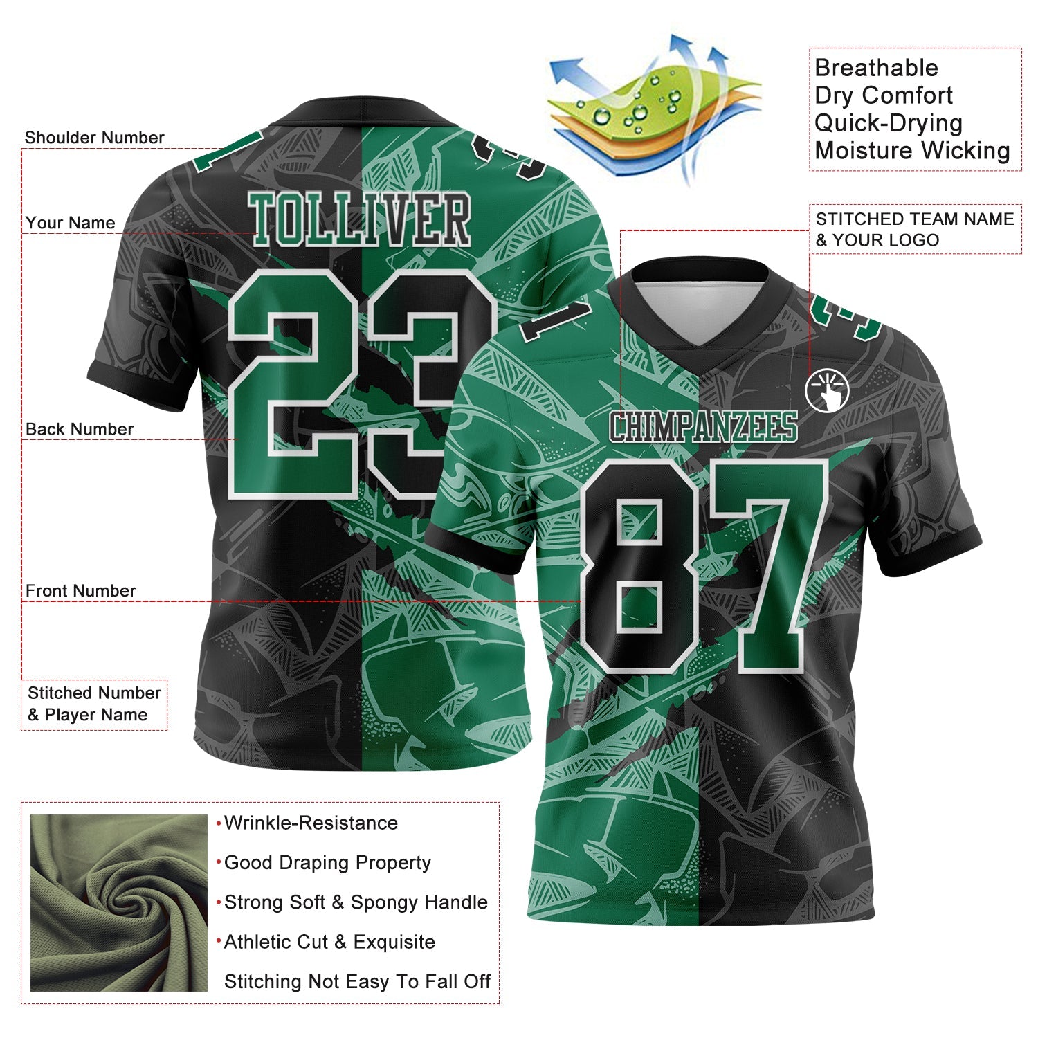 Custom Black Kelly Green-White Authentic Gradient Fashion Scratch Football Jersey