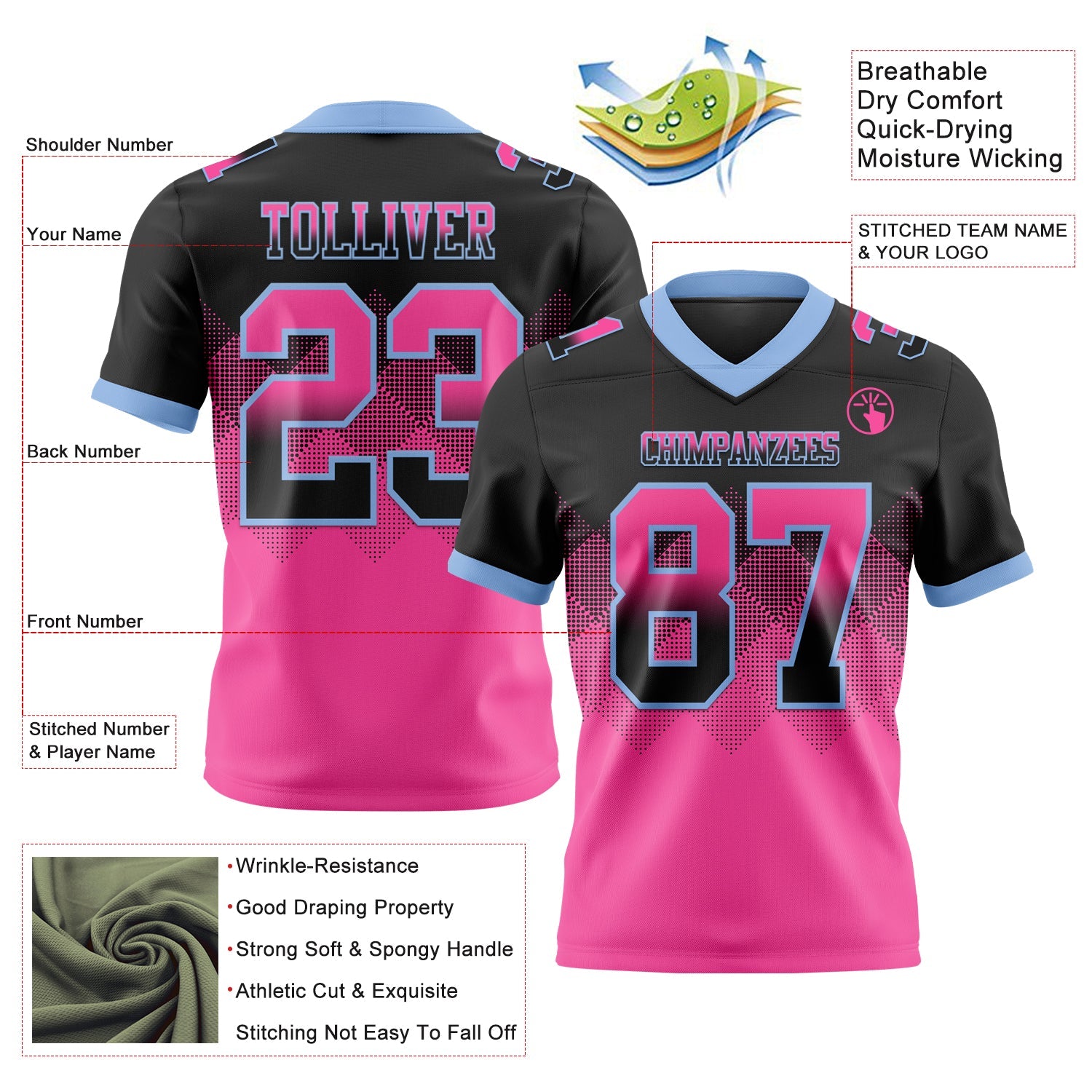 Custom Black Pink-Light Blue Authentic Gradient Square Shape Flag Football Jersey