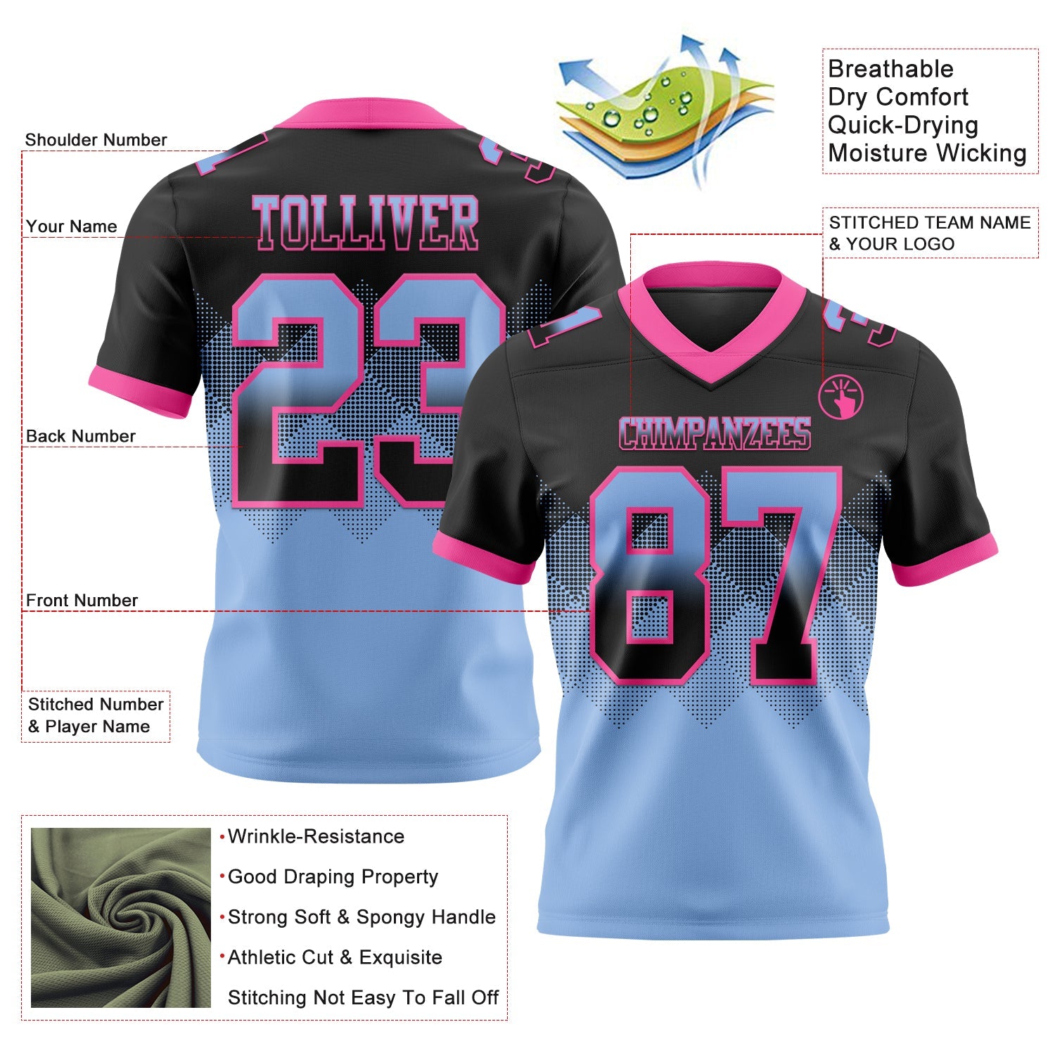 Custom Black Light Blue-Pink Authentic Gradient Square Shape Flag Football Jersey