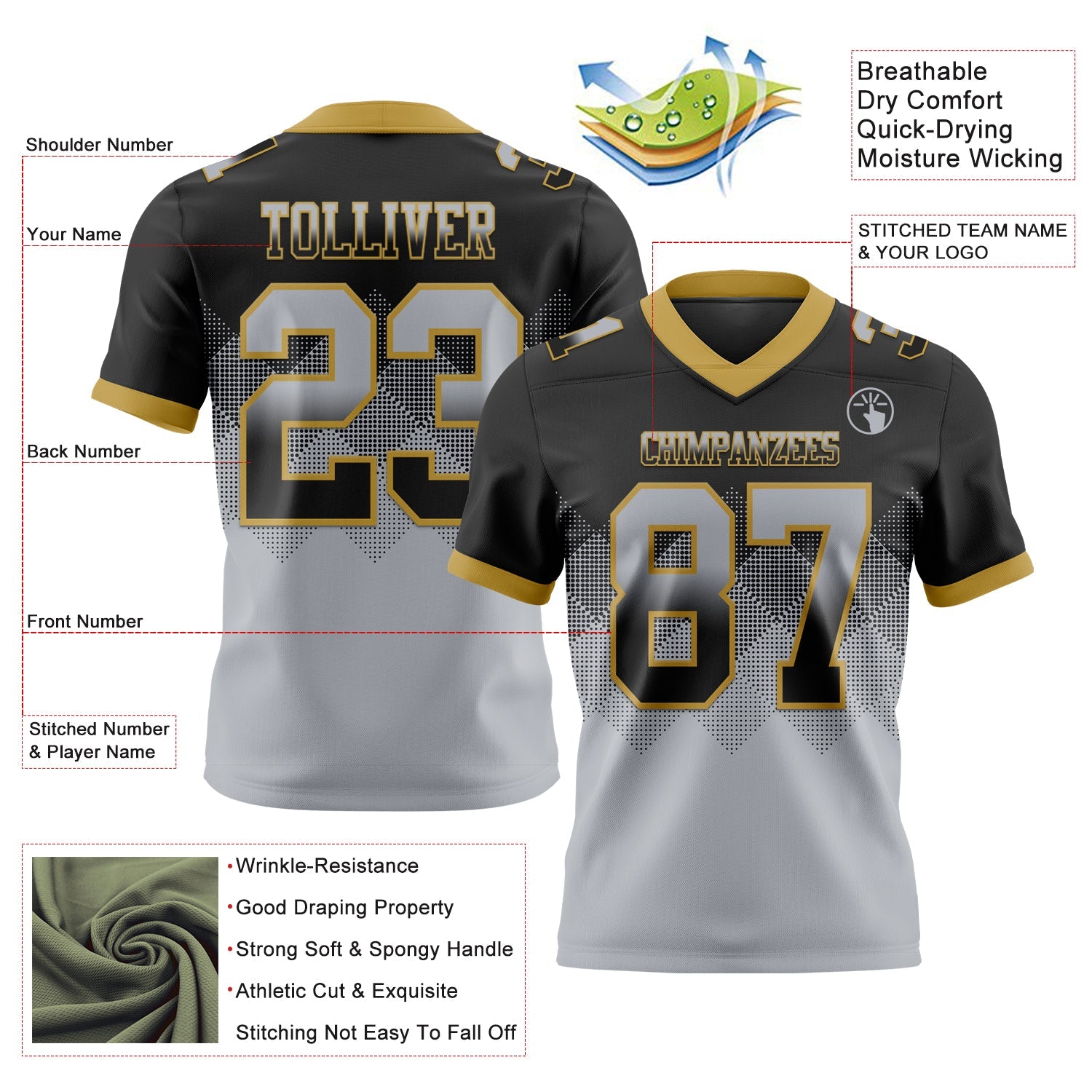 Custom Black Gray-Old Gold Authentic Gradient Square Shape Flag Football Jersey