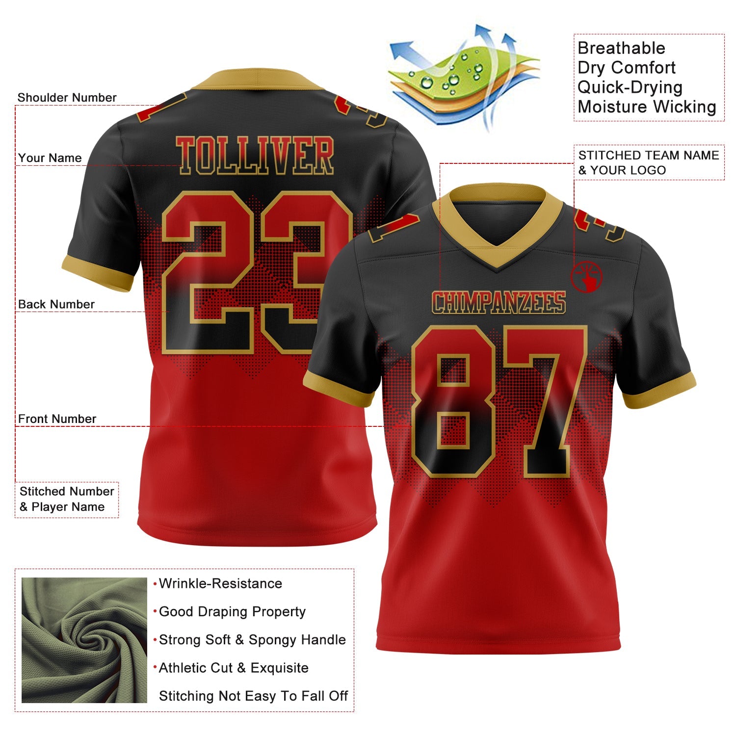 Custom Black Red-Old Gold Authentic Gradient Square Shape Flag Football Jersey