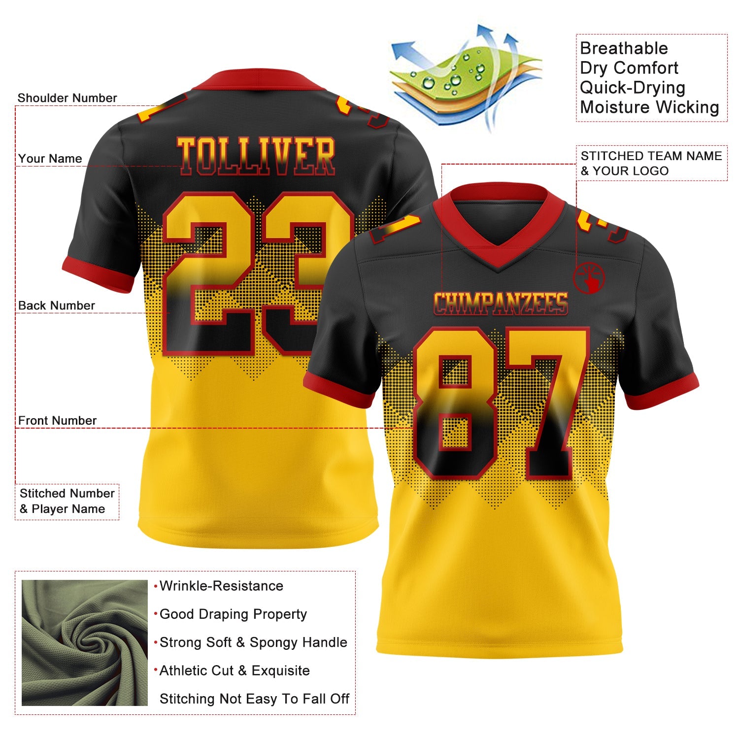 Custom Black Yellow-Red Authentic Gradient Square Shape Flag Football Jersey
