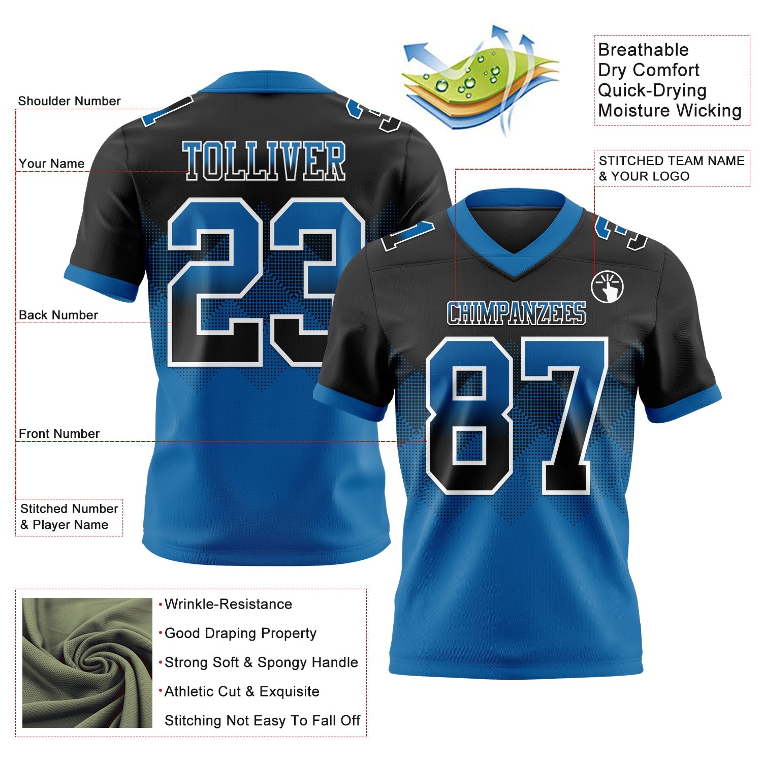 Custom Black Blue-White Authentic Gradient Square Shape Flag Football Jersey