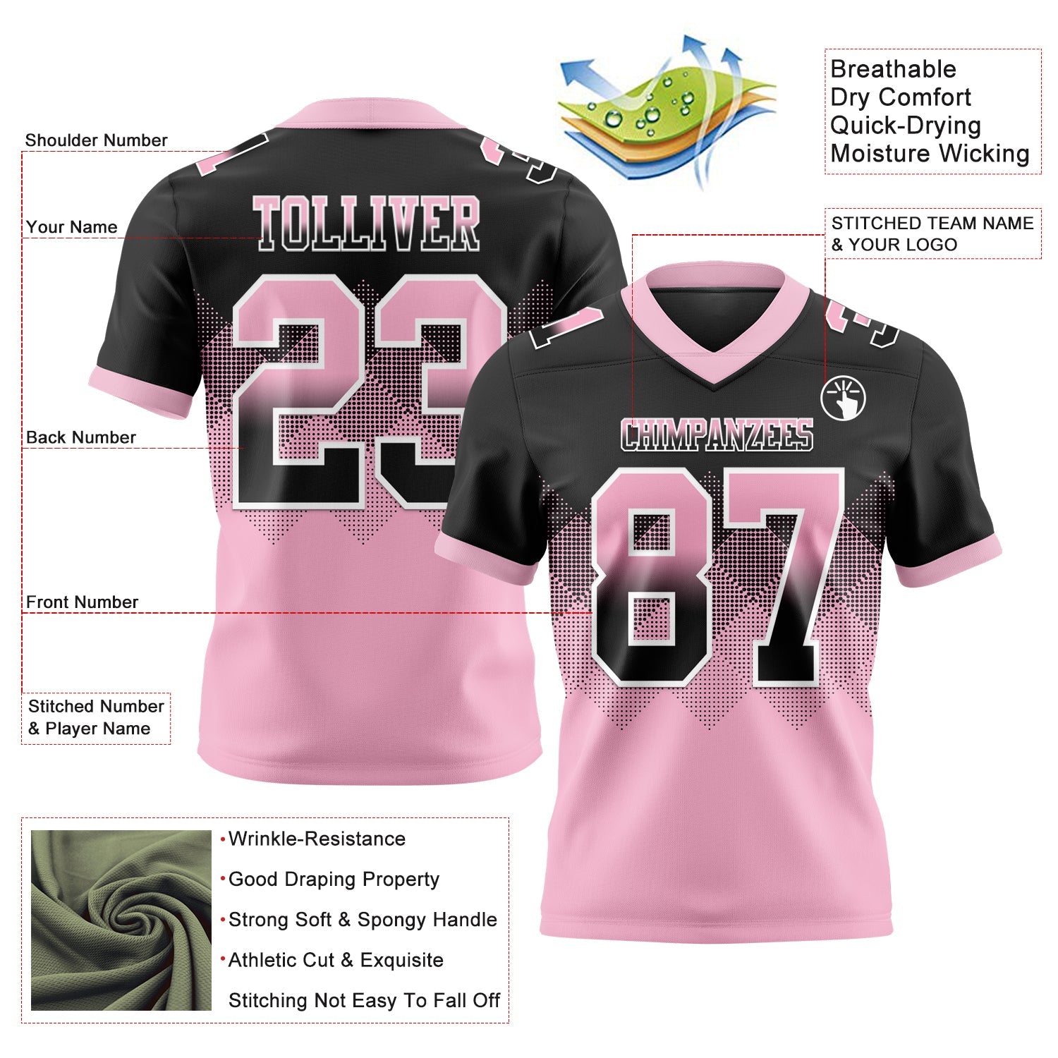 Custom Black Light Pink-White Authentic Gradient Square Shape Flag Football Jersey